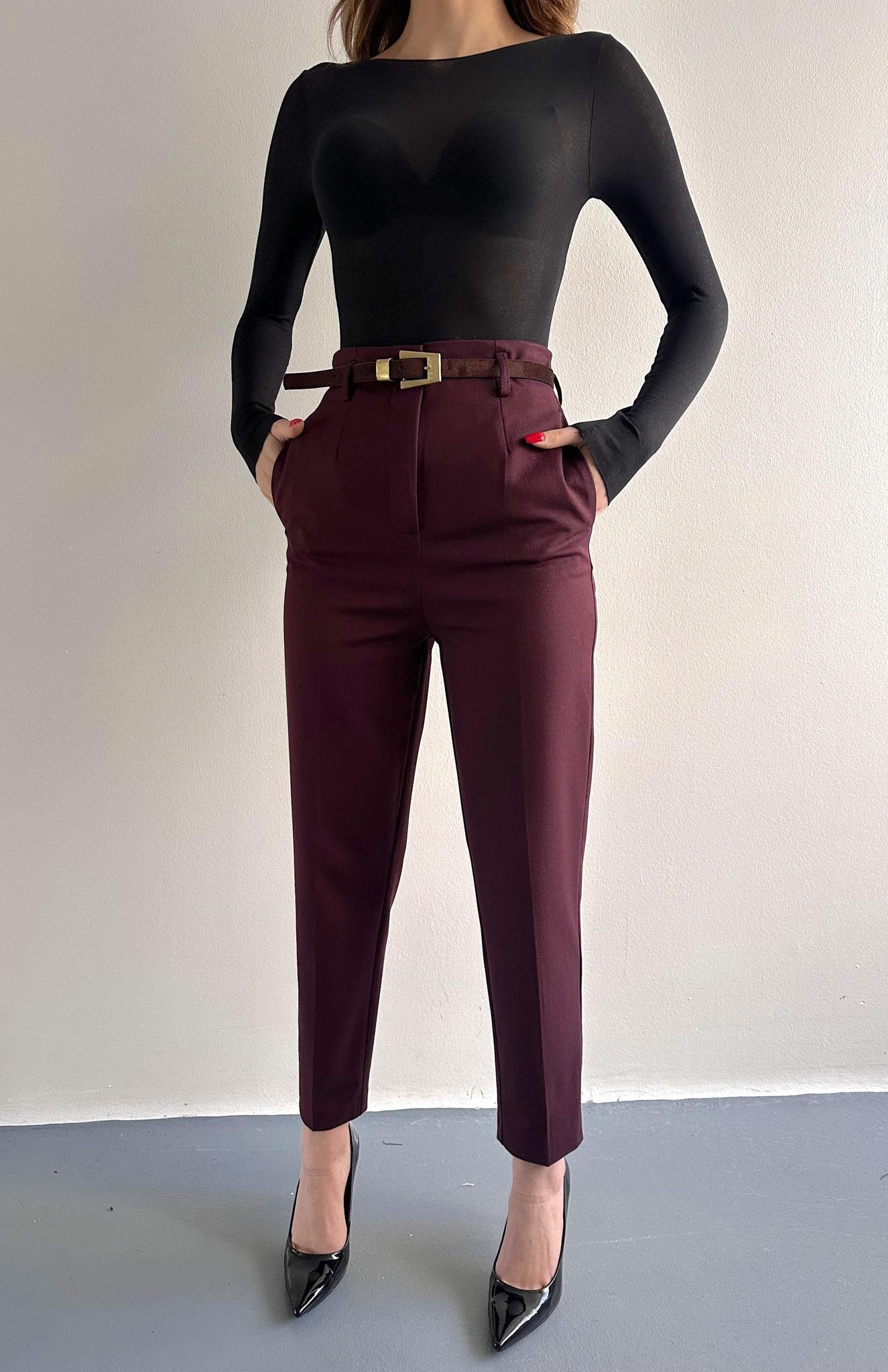 Kemerli Yüksek Bel Pantolon BORDO