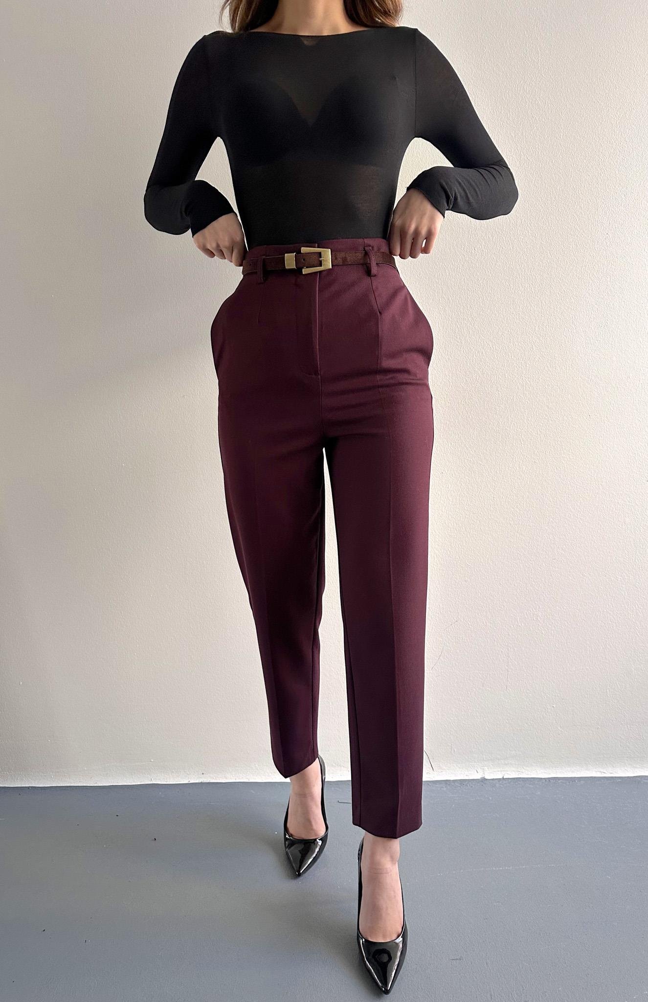 Kemerli Yüksek Bel Pantolon BORDO