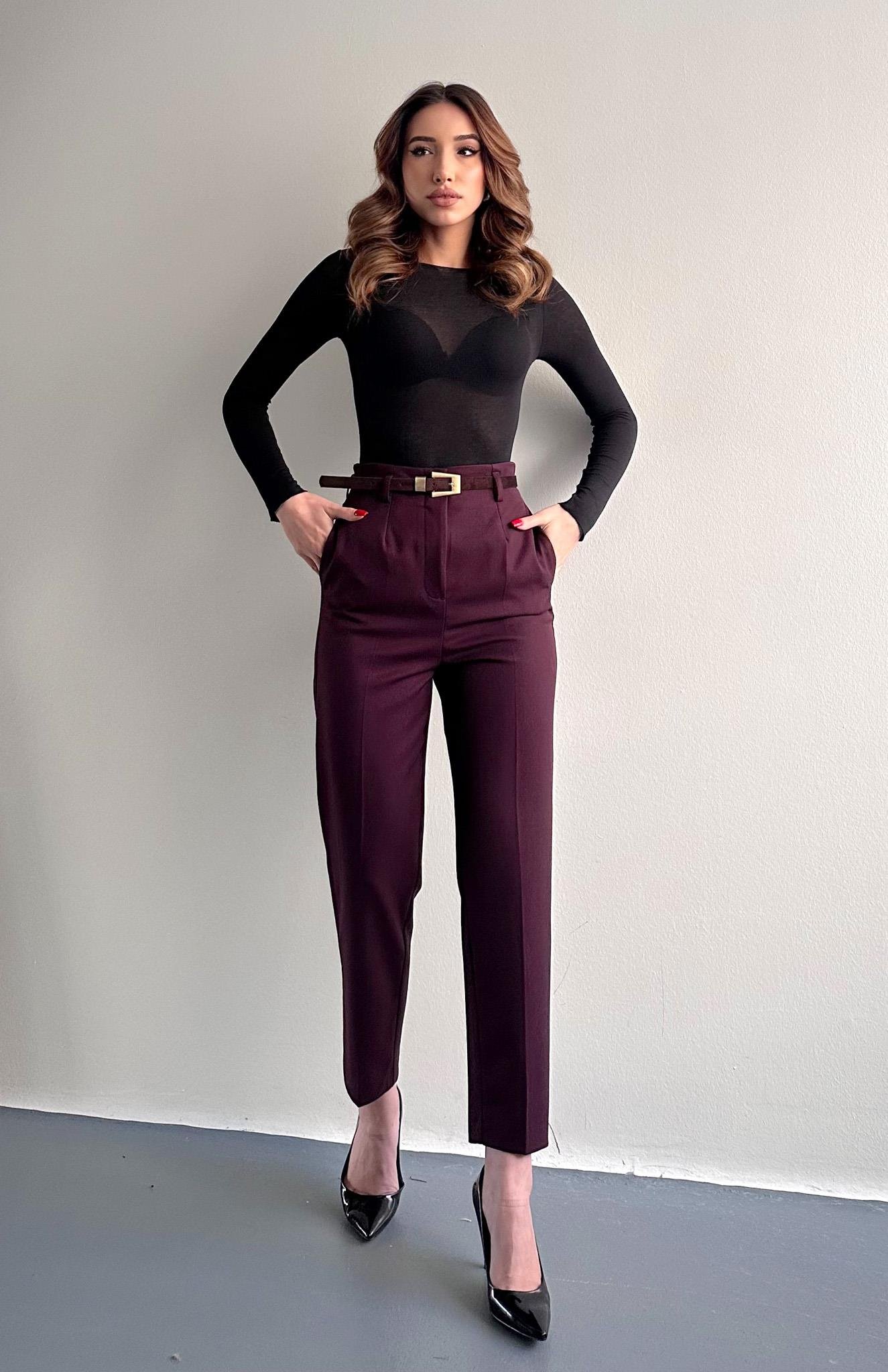 Kemerli Yüksek Bel Pantolon BORDO