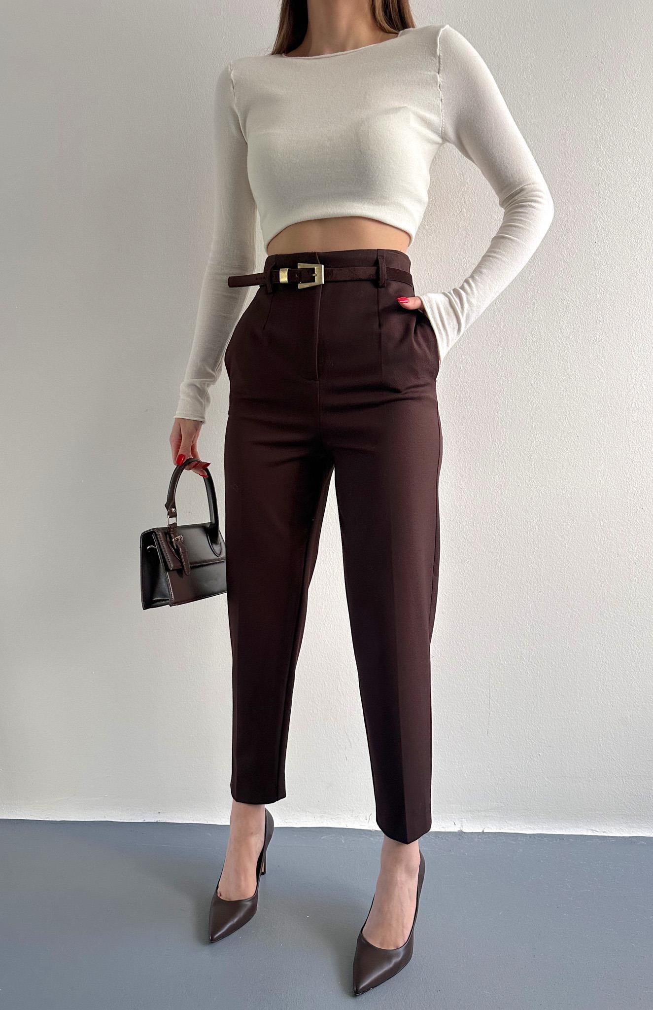Kemerli Yüksek Bel Pantolon KAHVERENGİ