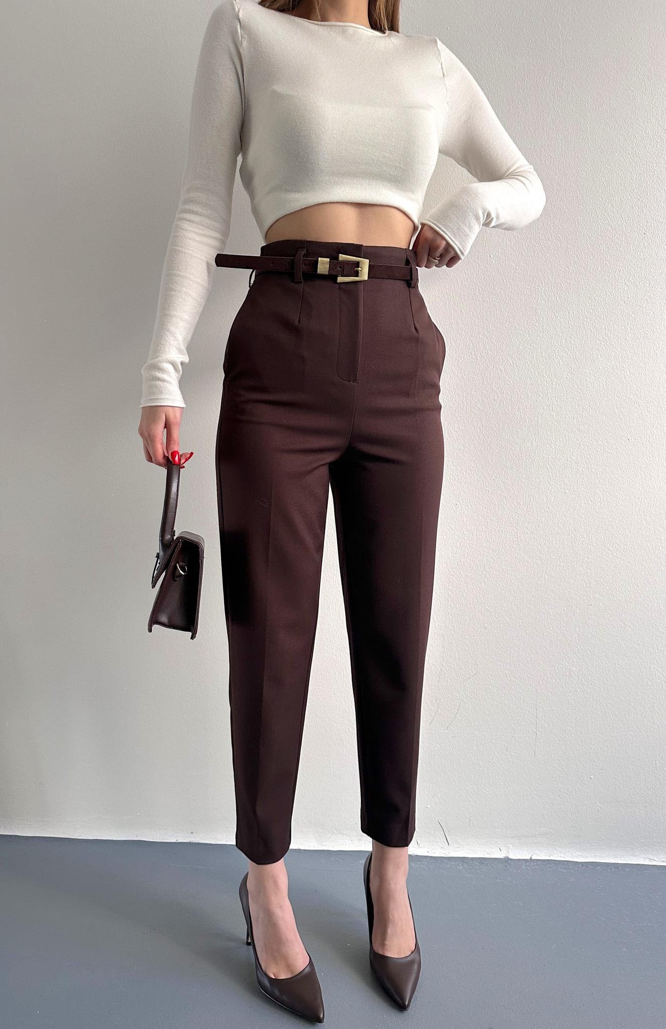 Kemerli Yüksek Bel Pantolon KAHVERENGİ