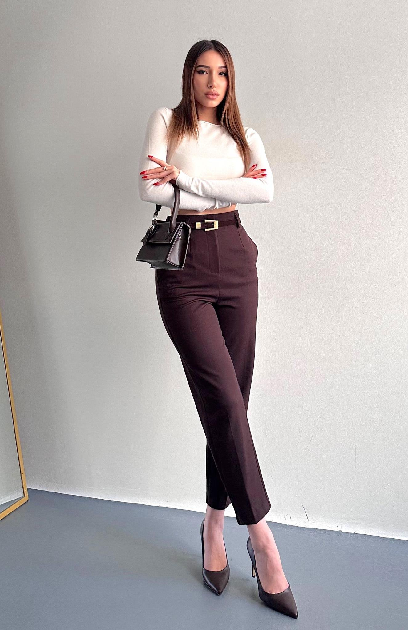 Kemerli Yüksek Bel Pantolon KAHVERENGİ