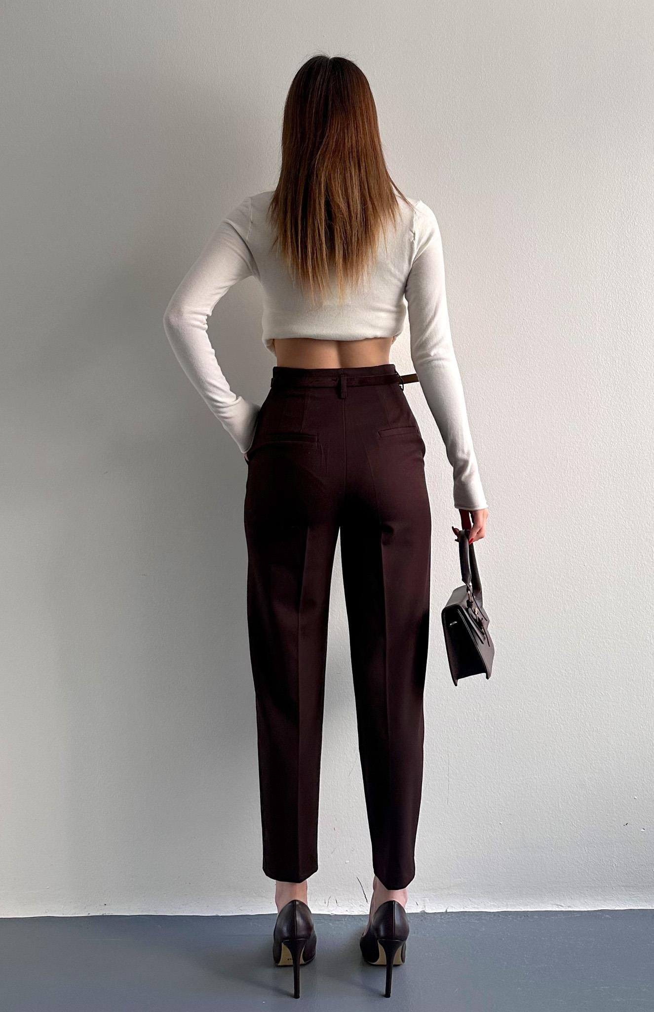 Kemerli Yüksek Bel Pantolon KAHVERENGİ