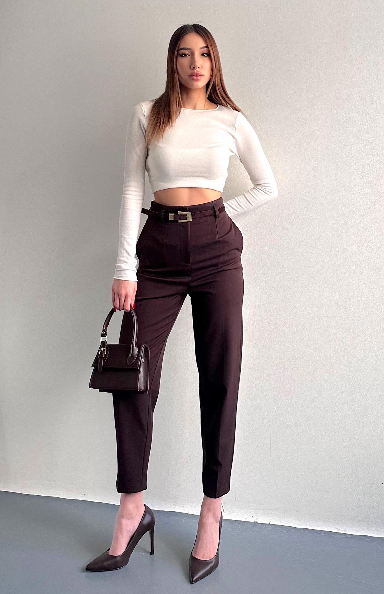 Kemerli Yüksek Bel Pantolon KAHVERENGİ