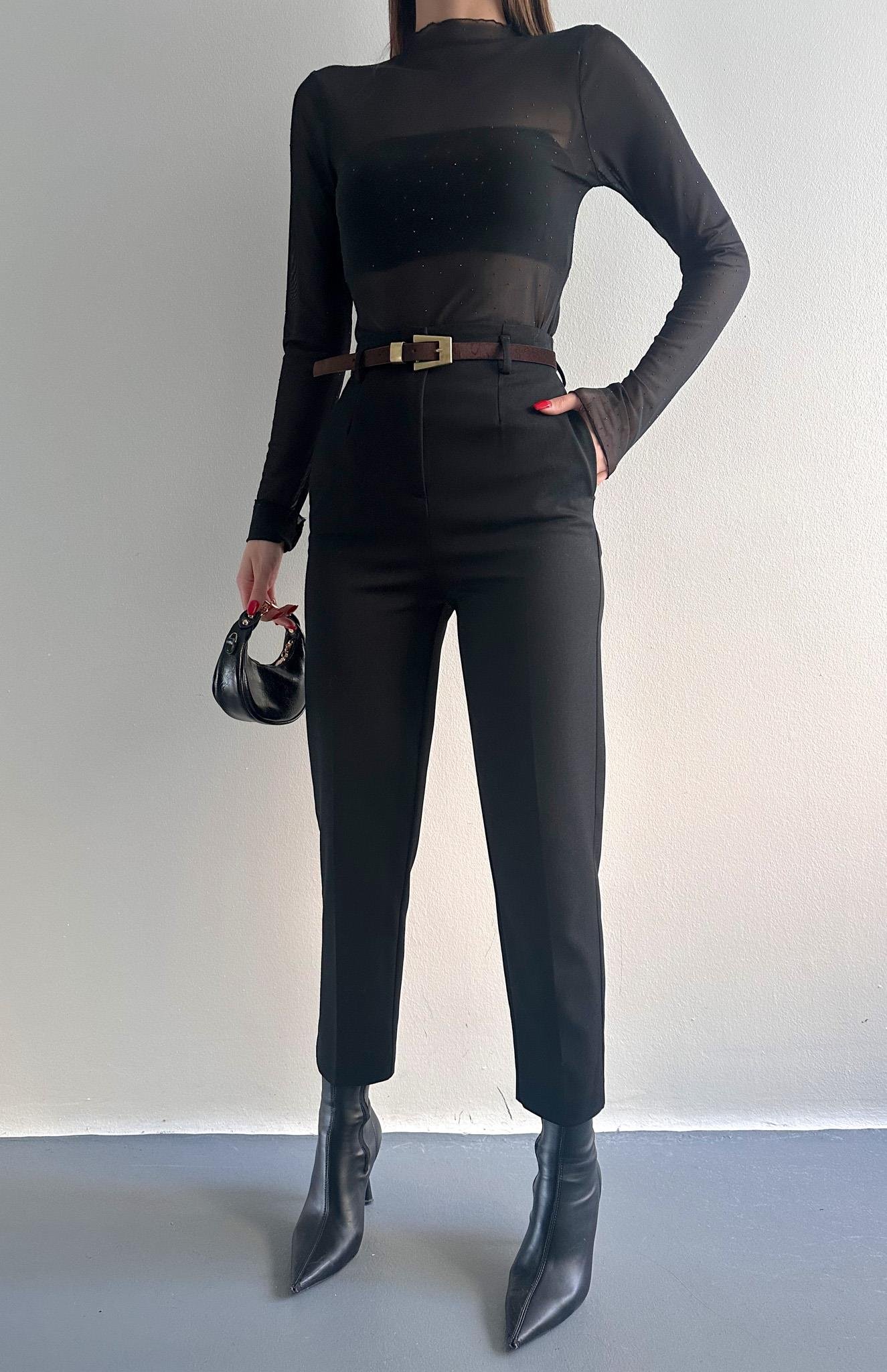 Kemerli Yüksek Bel Pantolon SİYAH