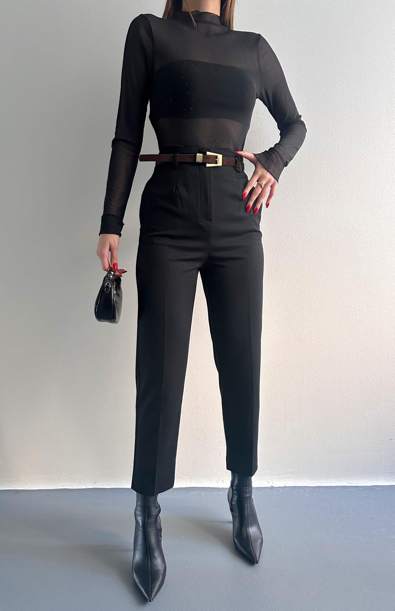 Kemerli Yüksek Bel Pantolon SİYAH