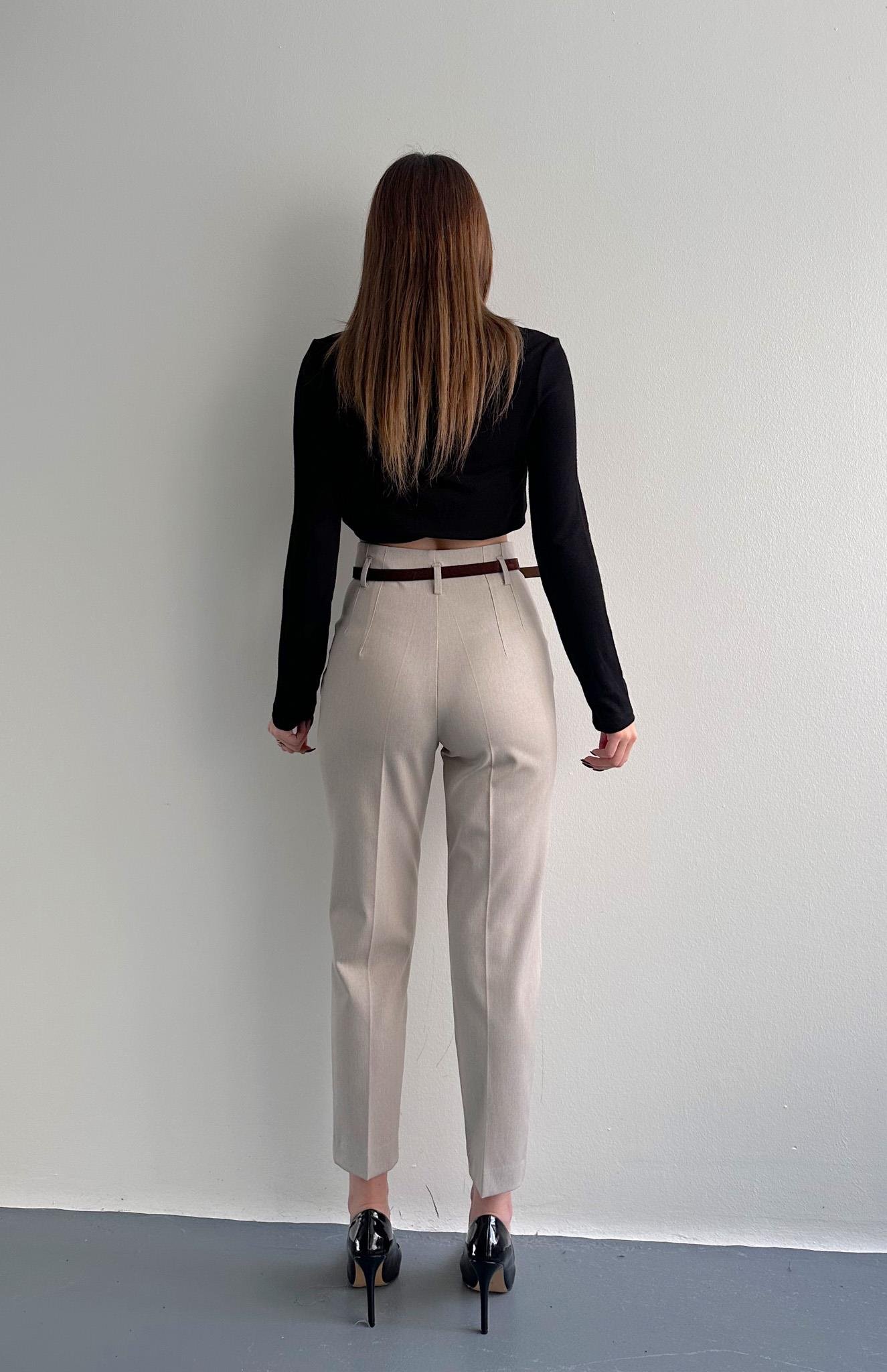 Kemerli Yüksek Bel Pantolon TAŞ