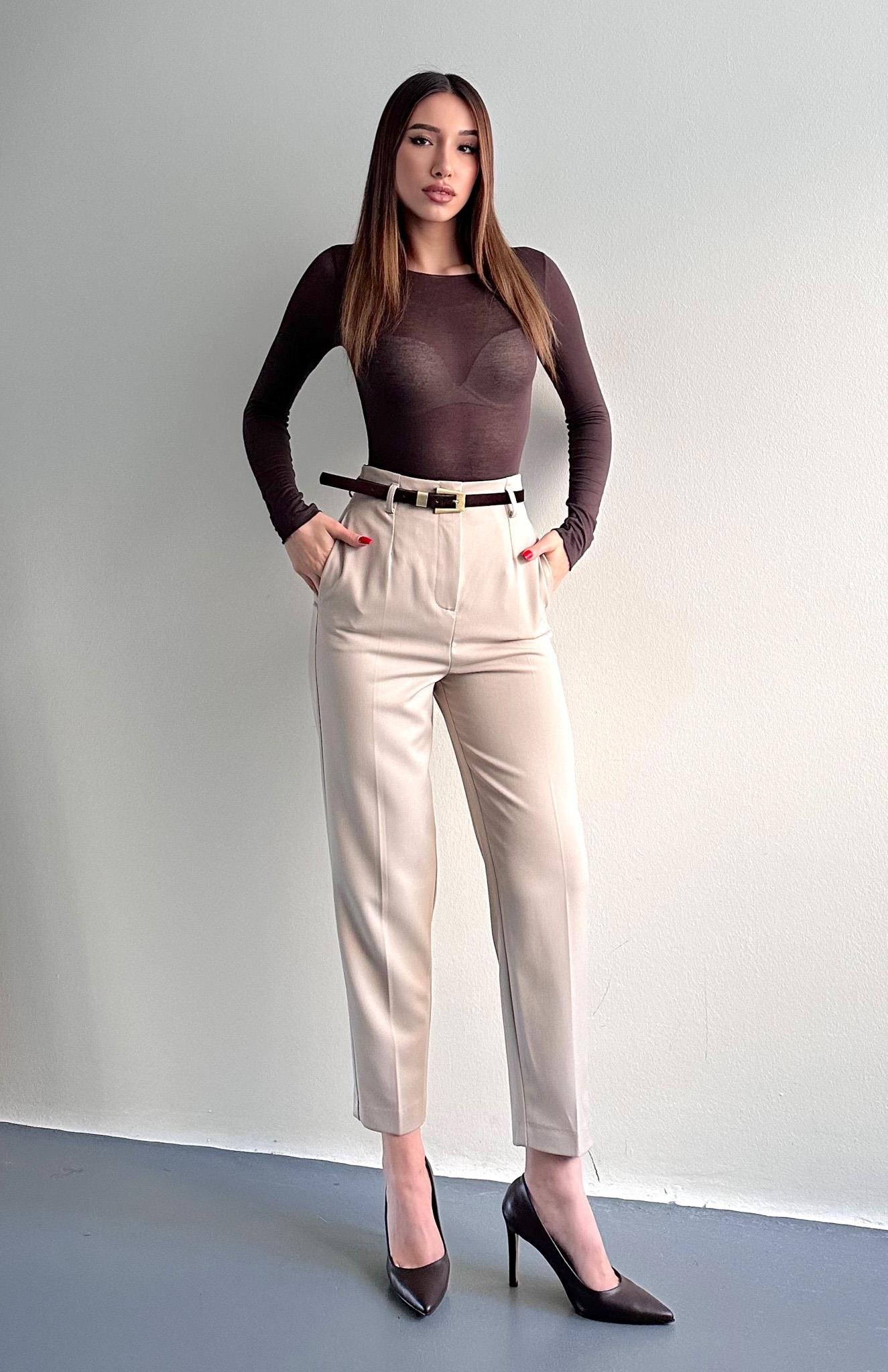 Kemerli Yüksek Bel Pantolon TAŞ