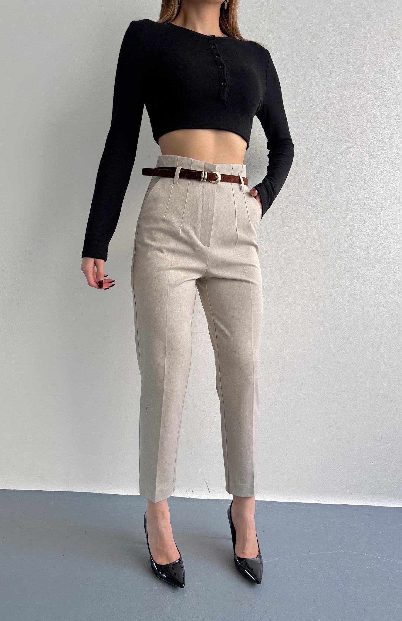 Kemerli Yüksek Bel Pantolon TAŞ