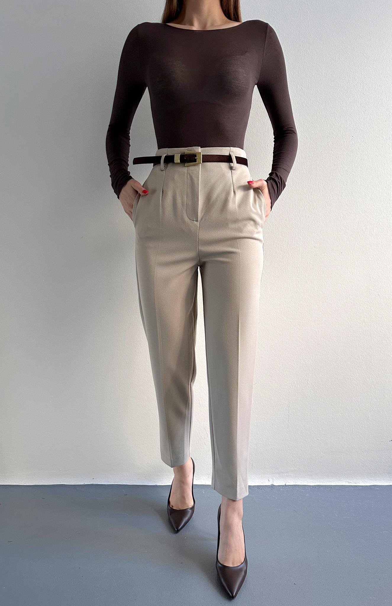 Kemerli Yüksek Bel Pantolon TAŞ