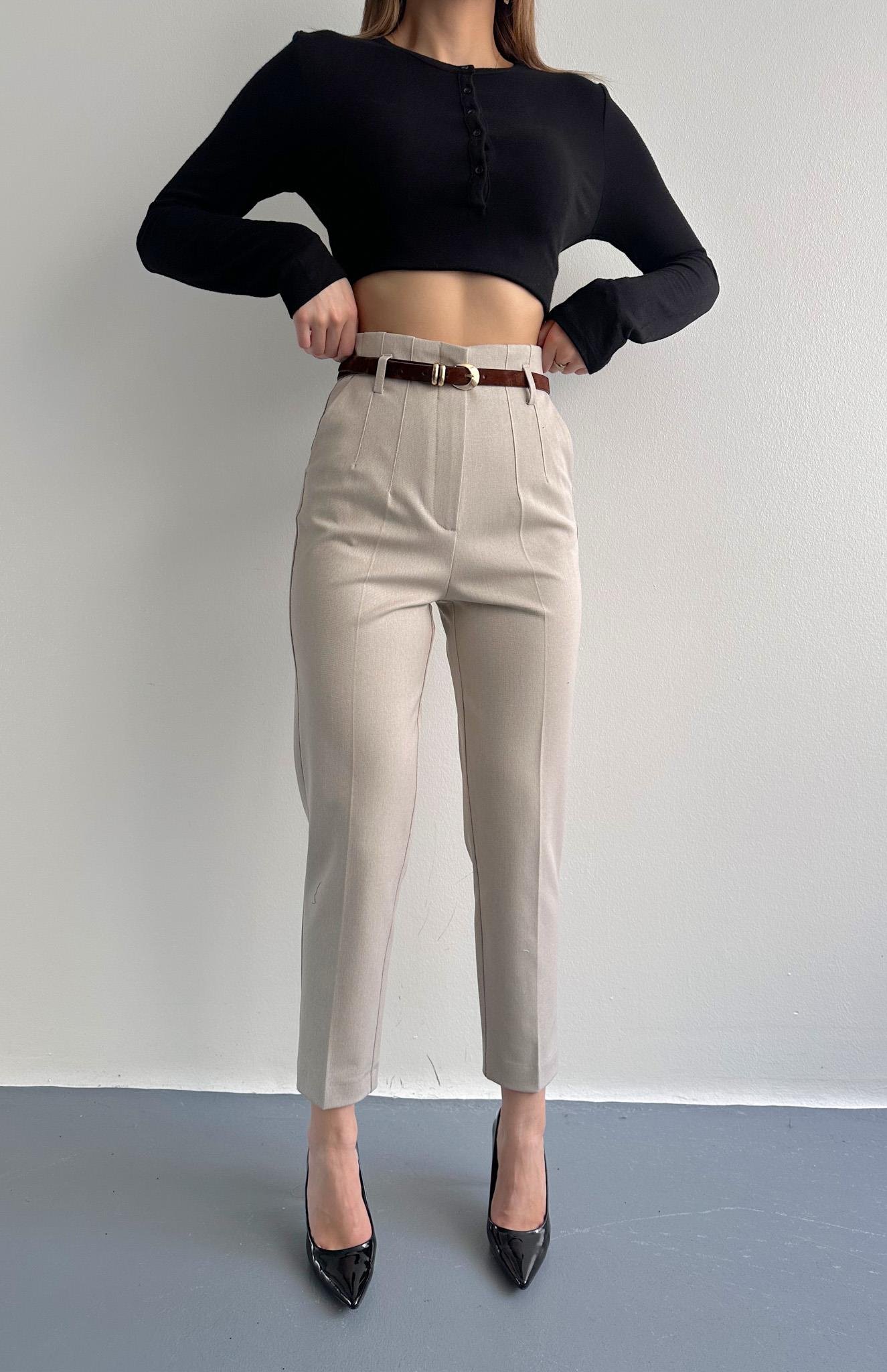 Kemerli Yüksek Bel Pantolon TAŞ