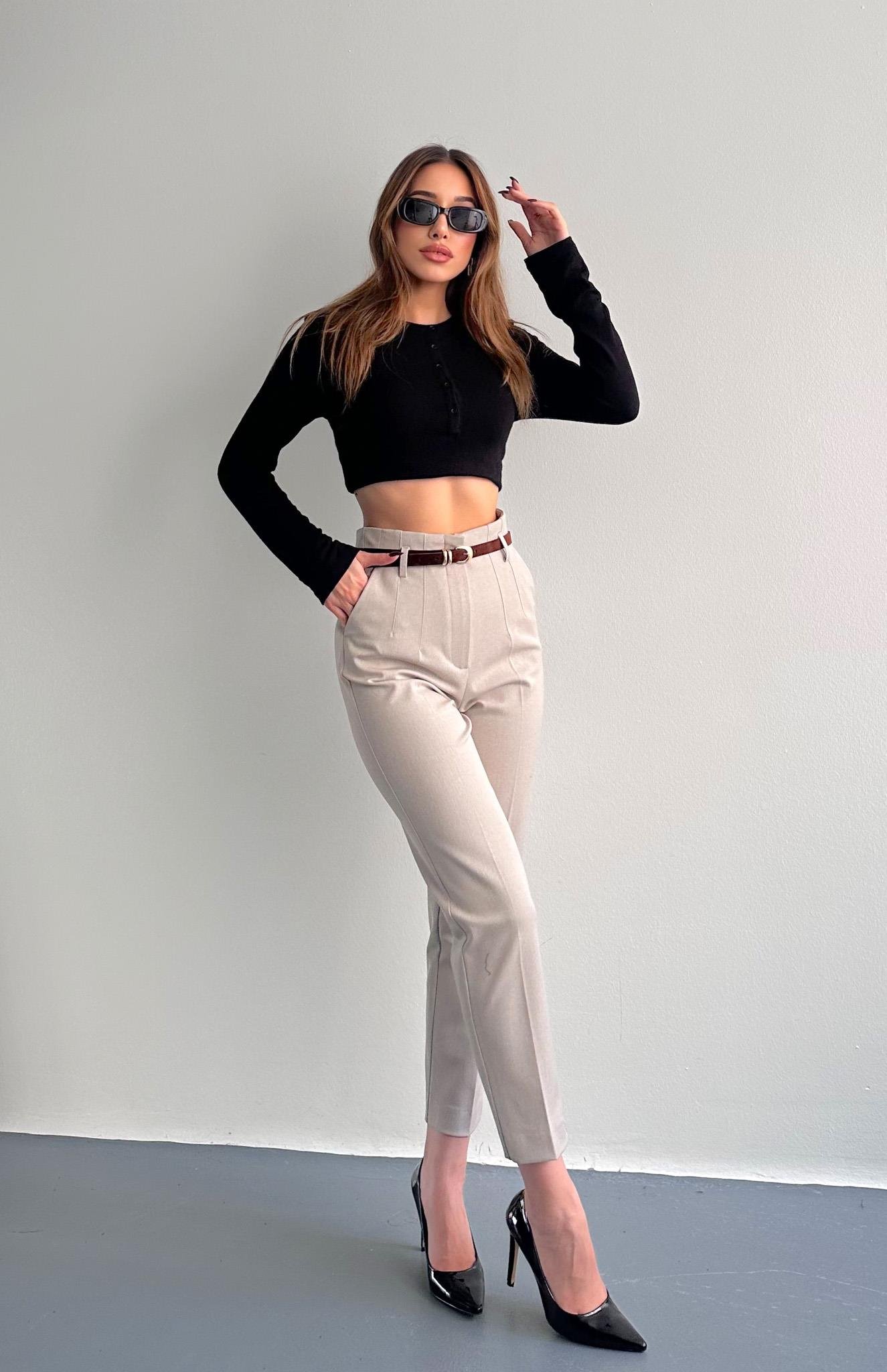 Kemerli Yüksek Bel Pantolon TAŞ