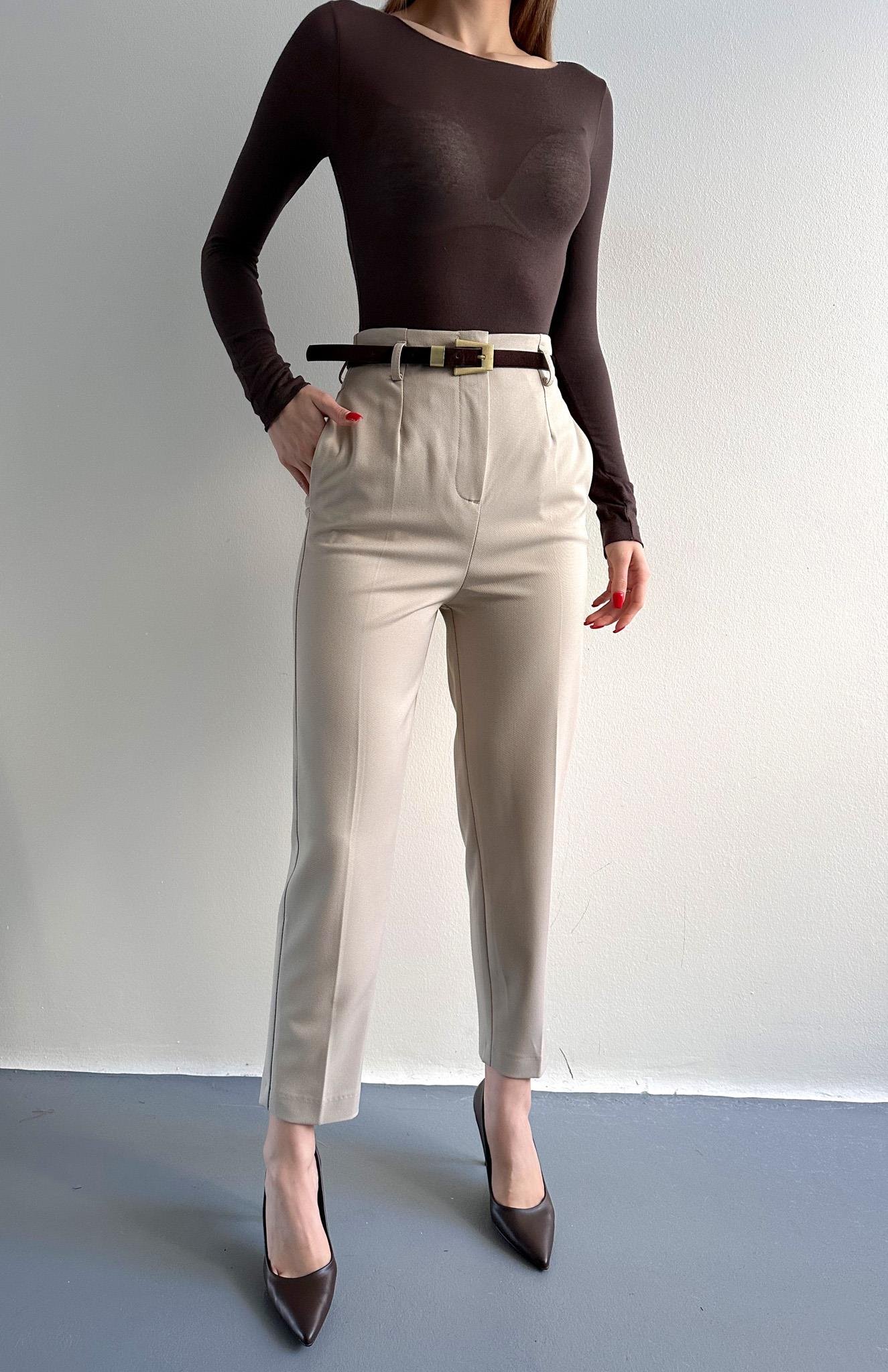 Kemerli Yüksek Bel Pantolon TAŞ