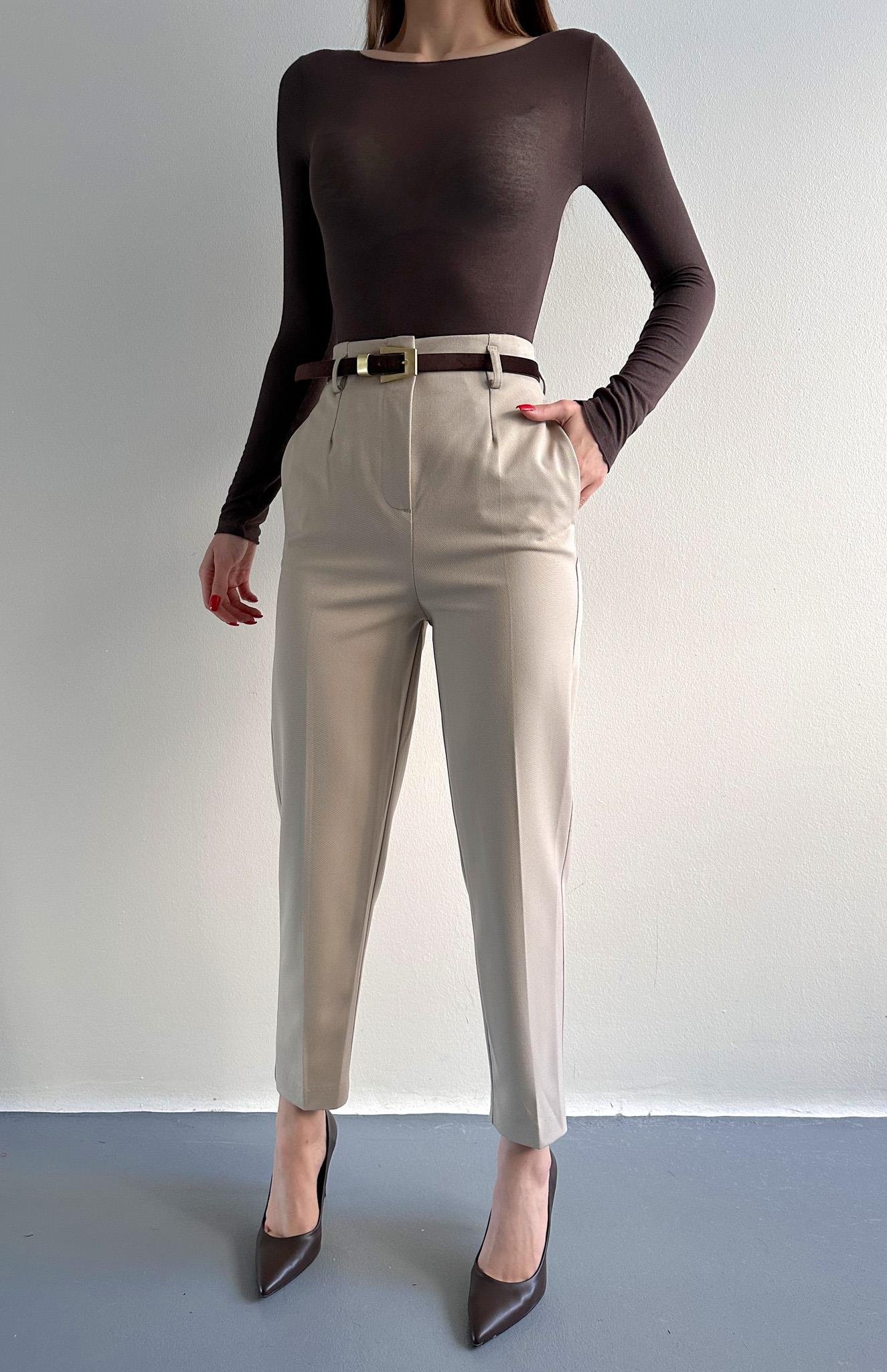 Kemerli Yüksek Bel Pantolon TAŞ