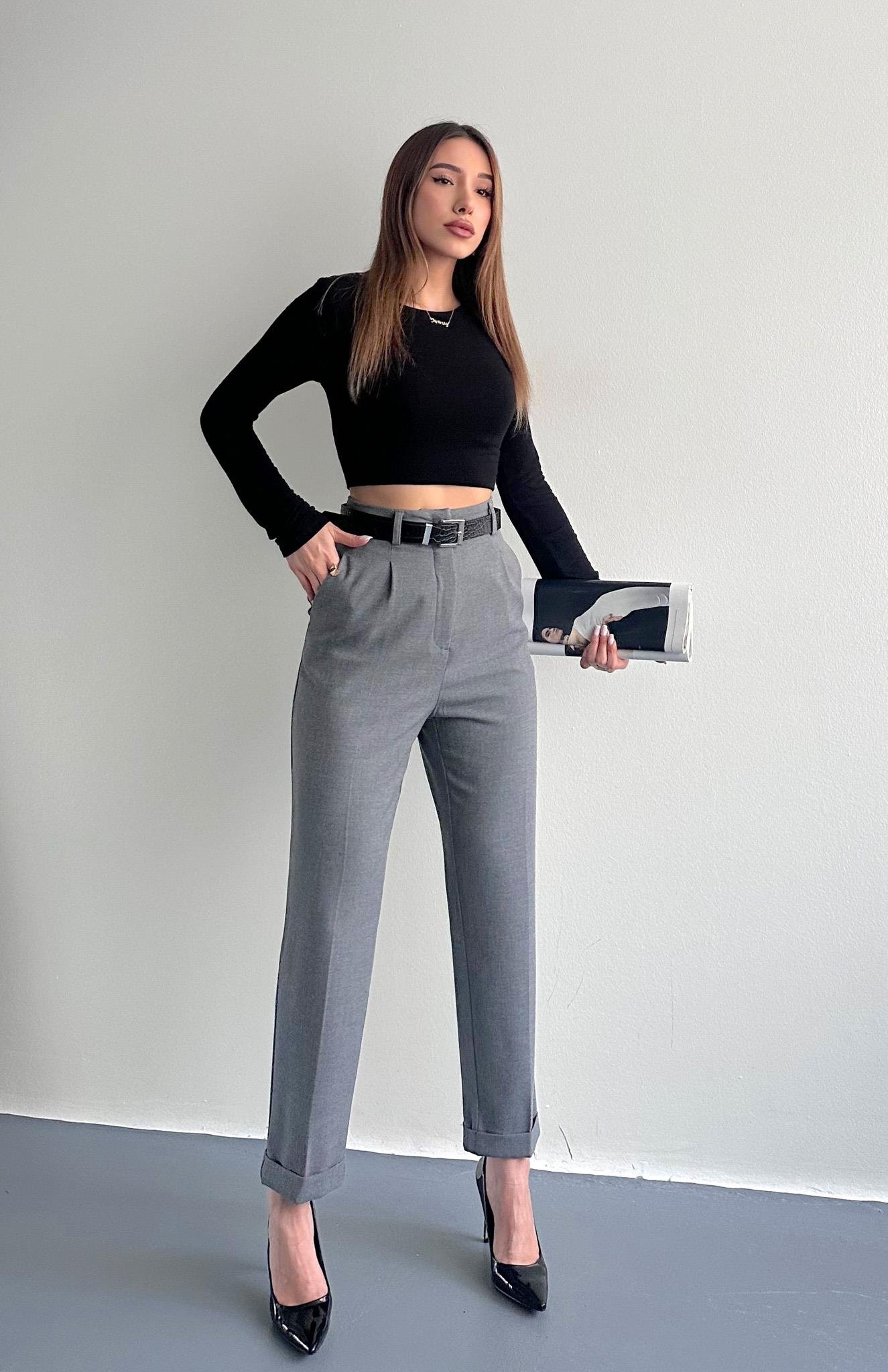 Kıvrık Paça Kemerli Pantolon GRİ