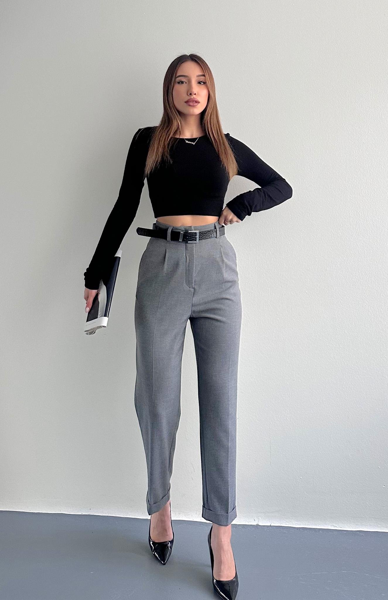 Kıvrık Paça Kemerli Pantolon GRİ