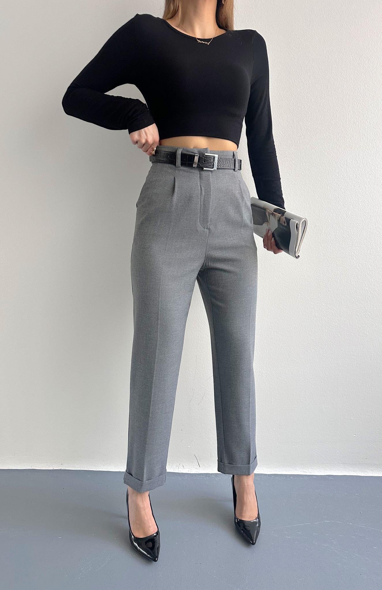 Kıvrık Paça Kemerli Pantolon GRİ