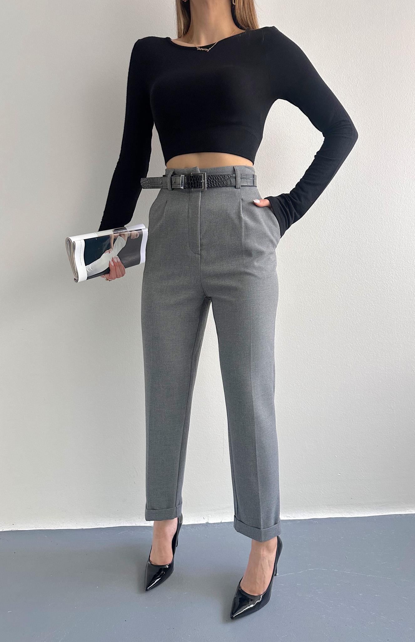 Kıvrık Paça Kemerli Pantolon GRİ