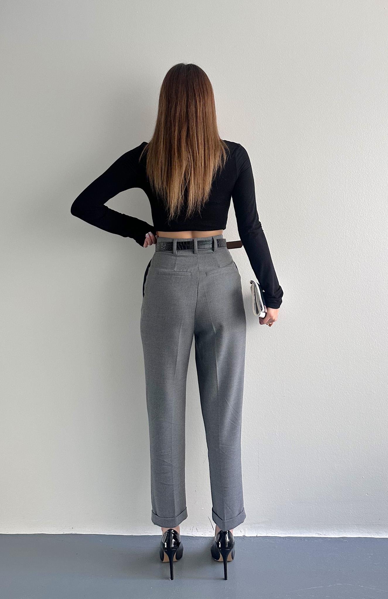 Kıvrık Paça Kemerli Pantolon GRİ