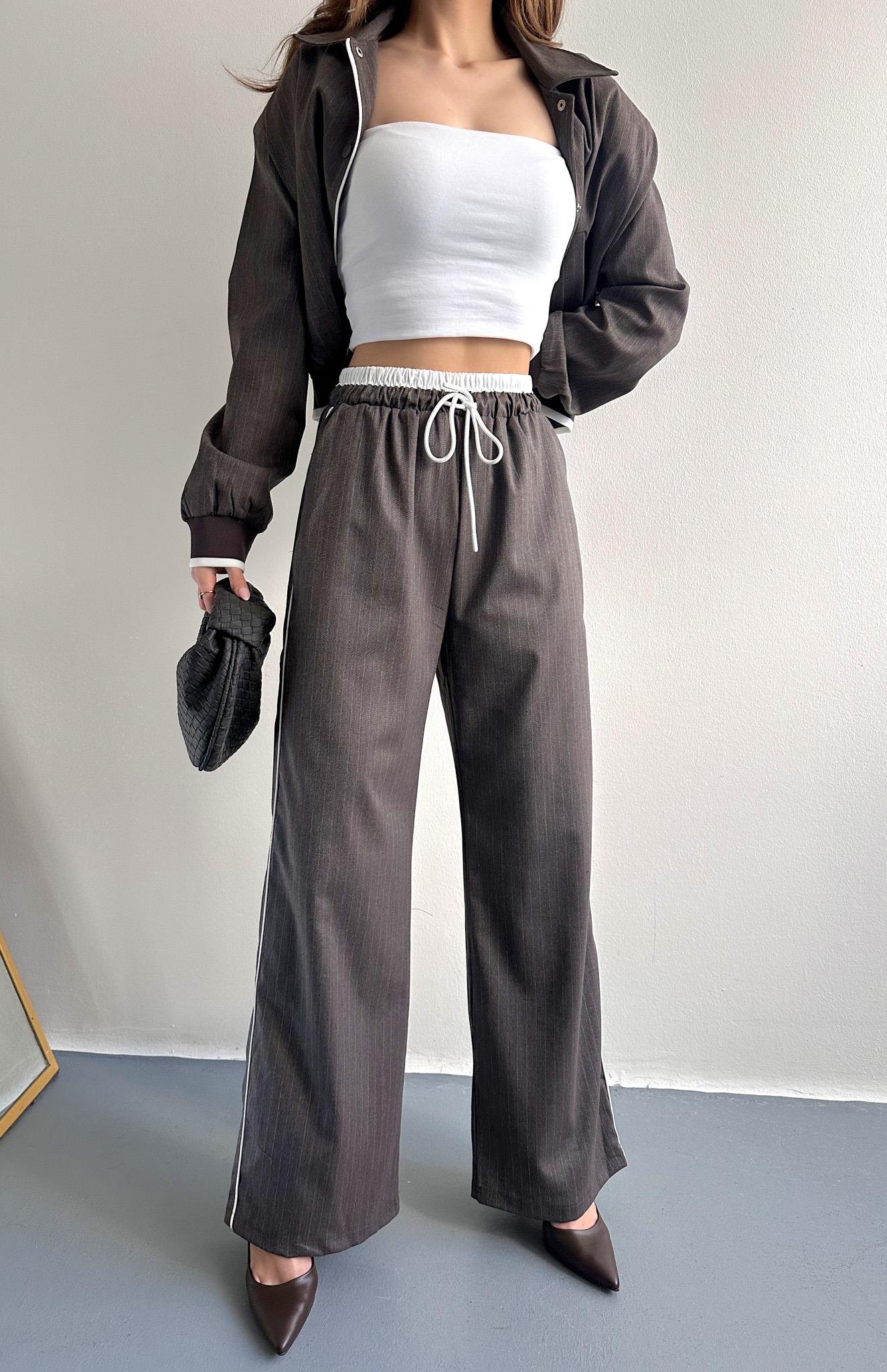 Kontrast Detaylı Pantolon KAHVERENGİ