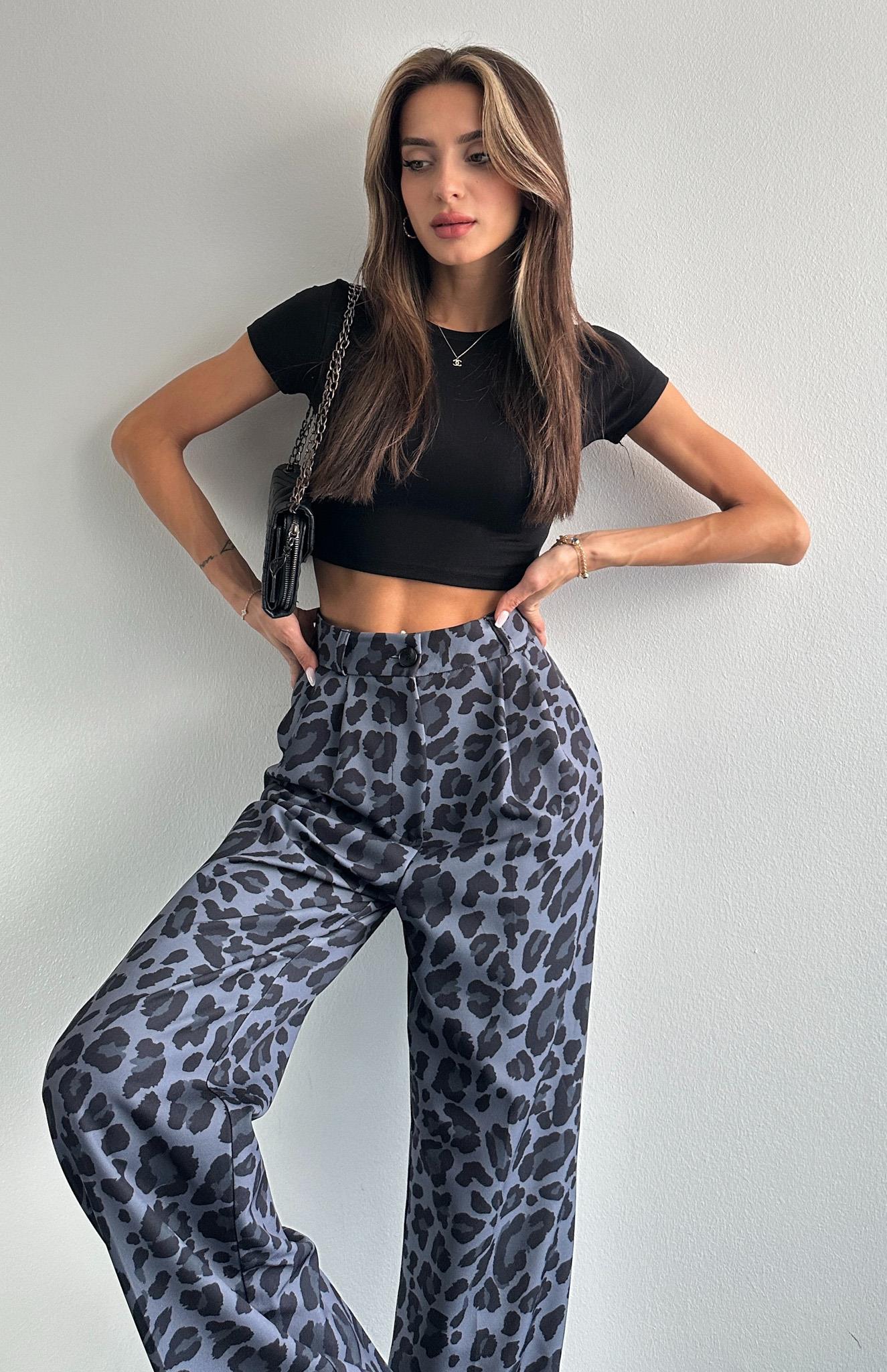 Leopar Desen Plazzo Pantolon SİYAH