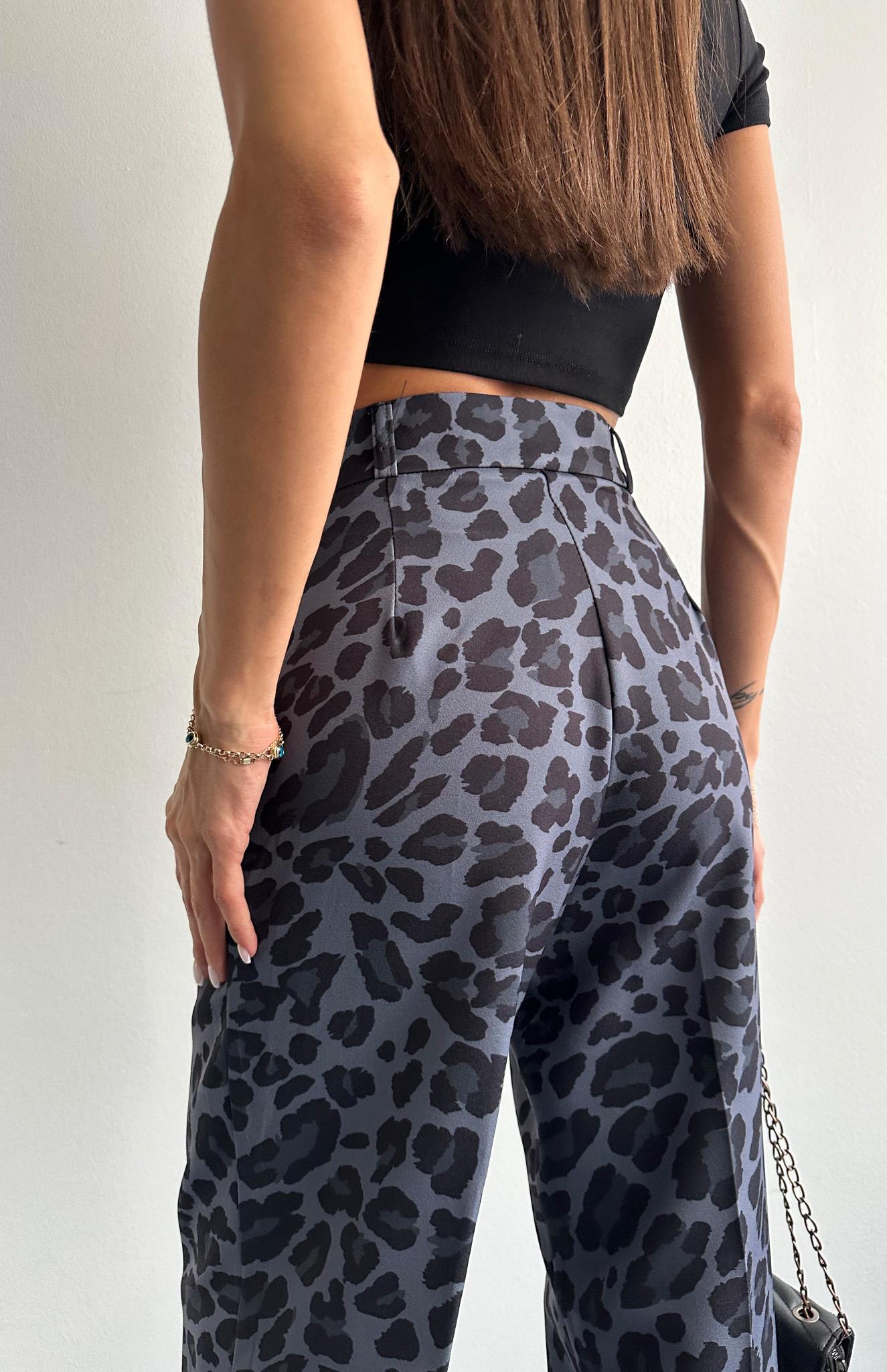 Leopar Desen Plazzo Pantolon SİYAH