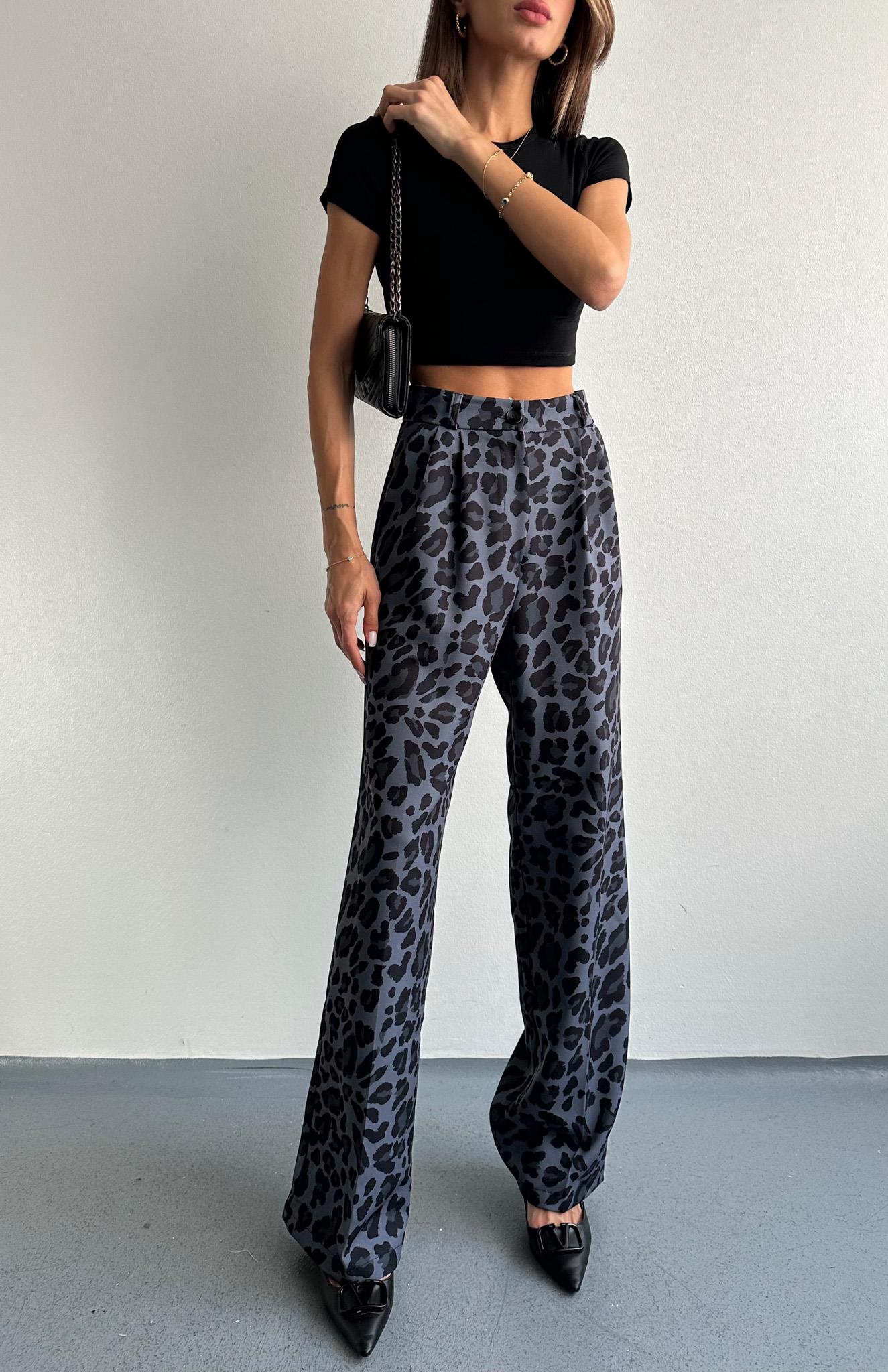 Leopar Desen Plazzo Pantolon SİYAH