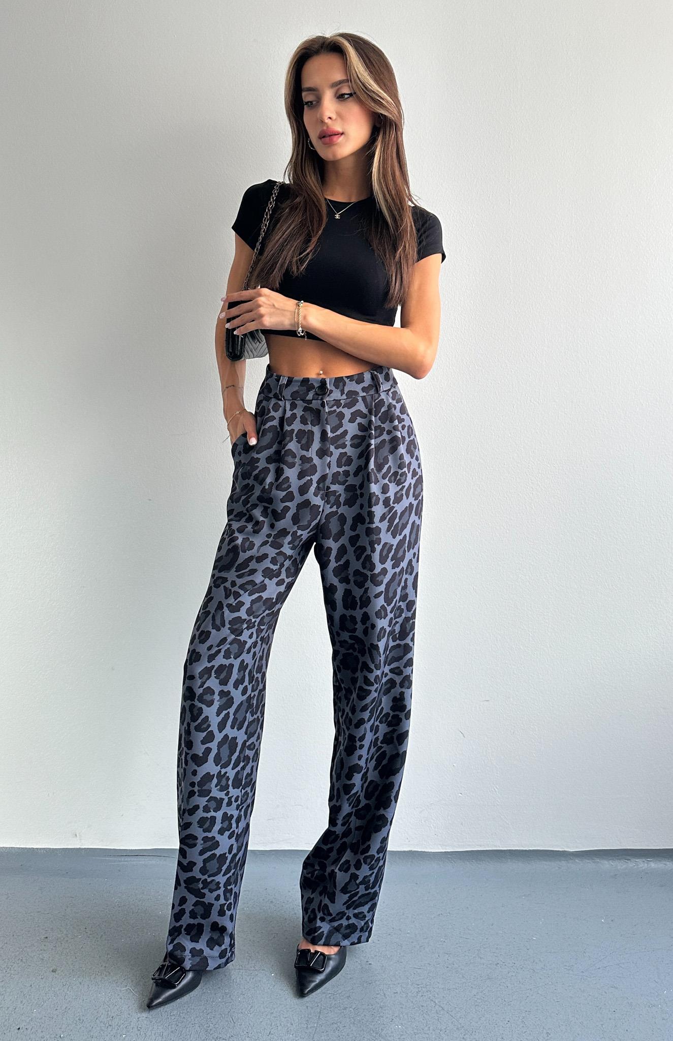 Leopar Desen Plazzo Pantolon SİYAH