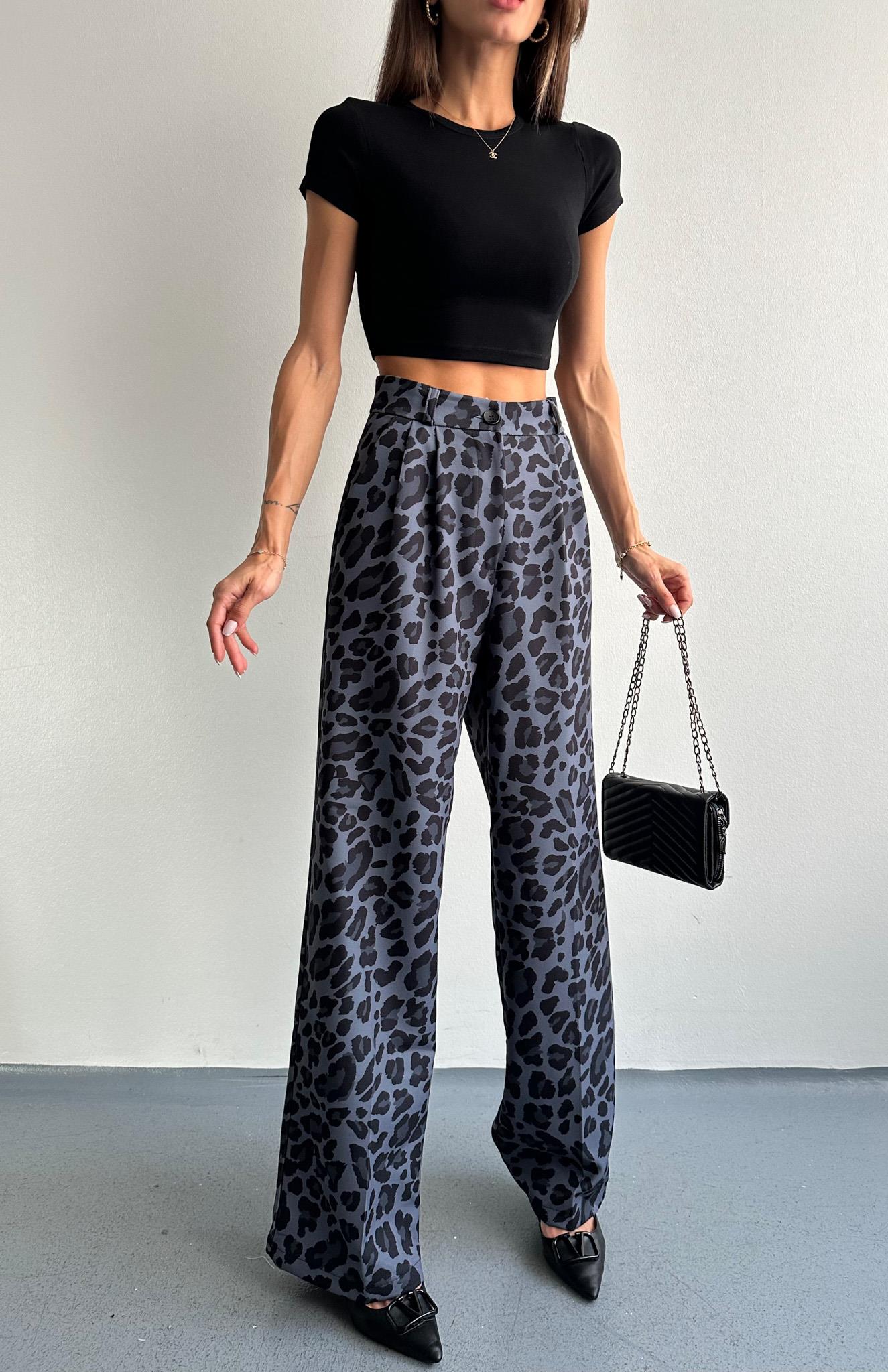 Leopar Desen Plazzo Pantolon SİYAH