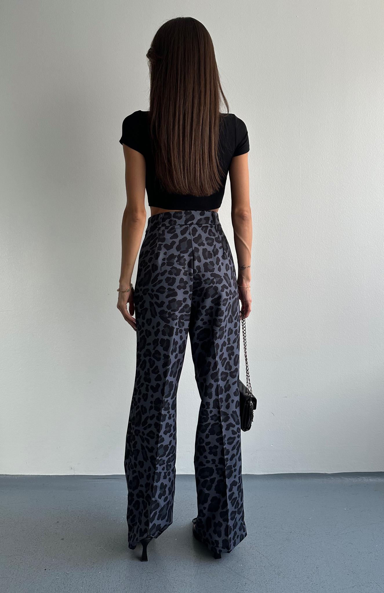 Leopar Desen Plazzo Pantolon SİYAH