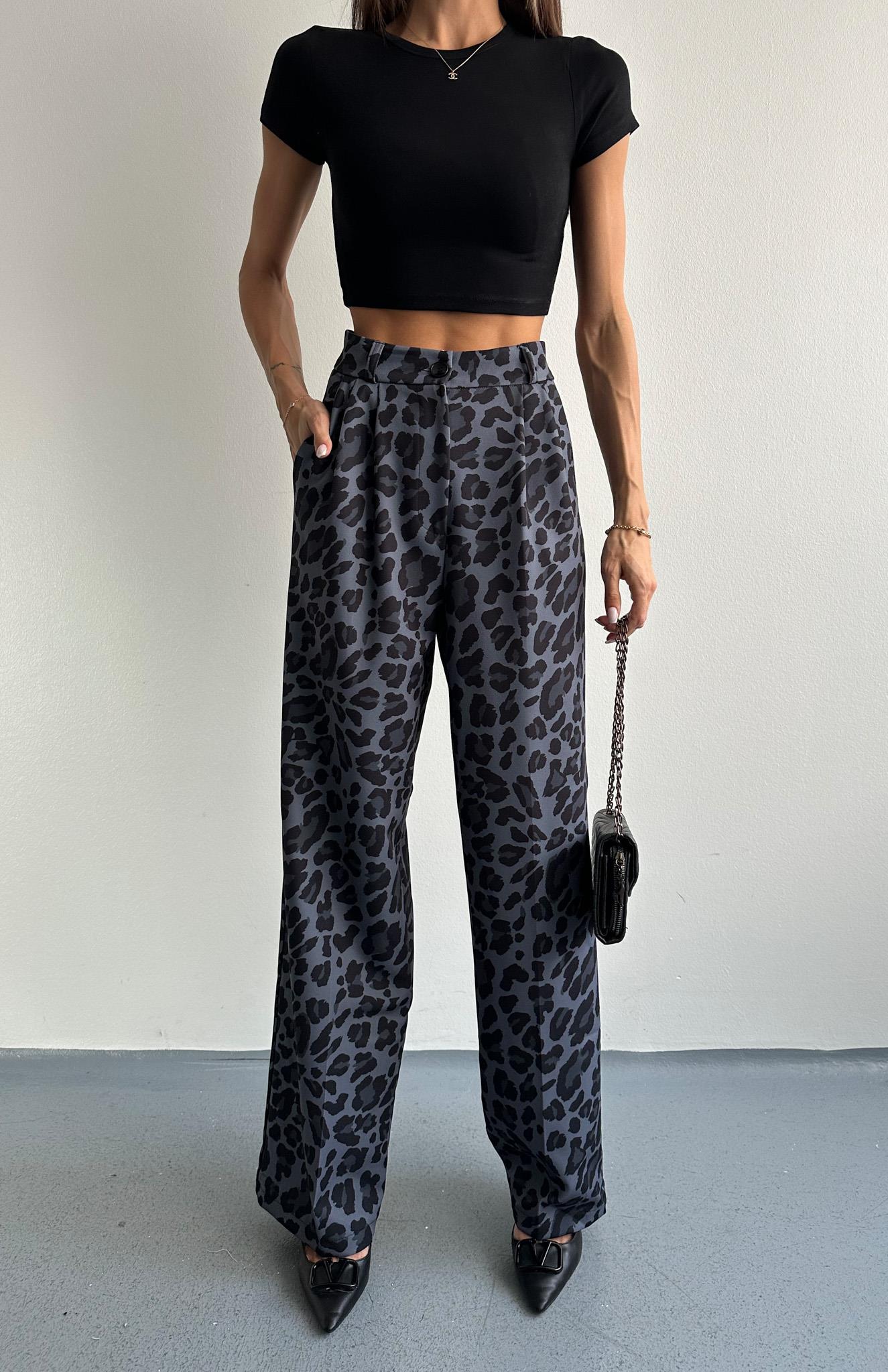 Leopar Desen Plazzo Pantolon SİYAH