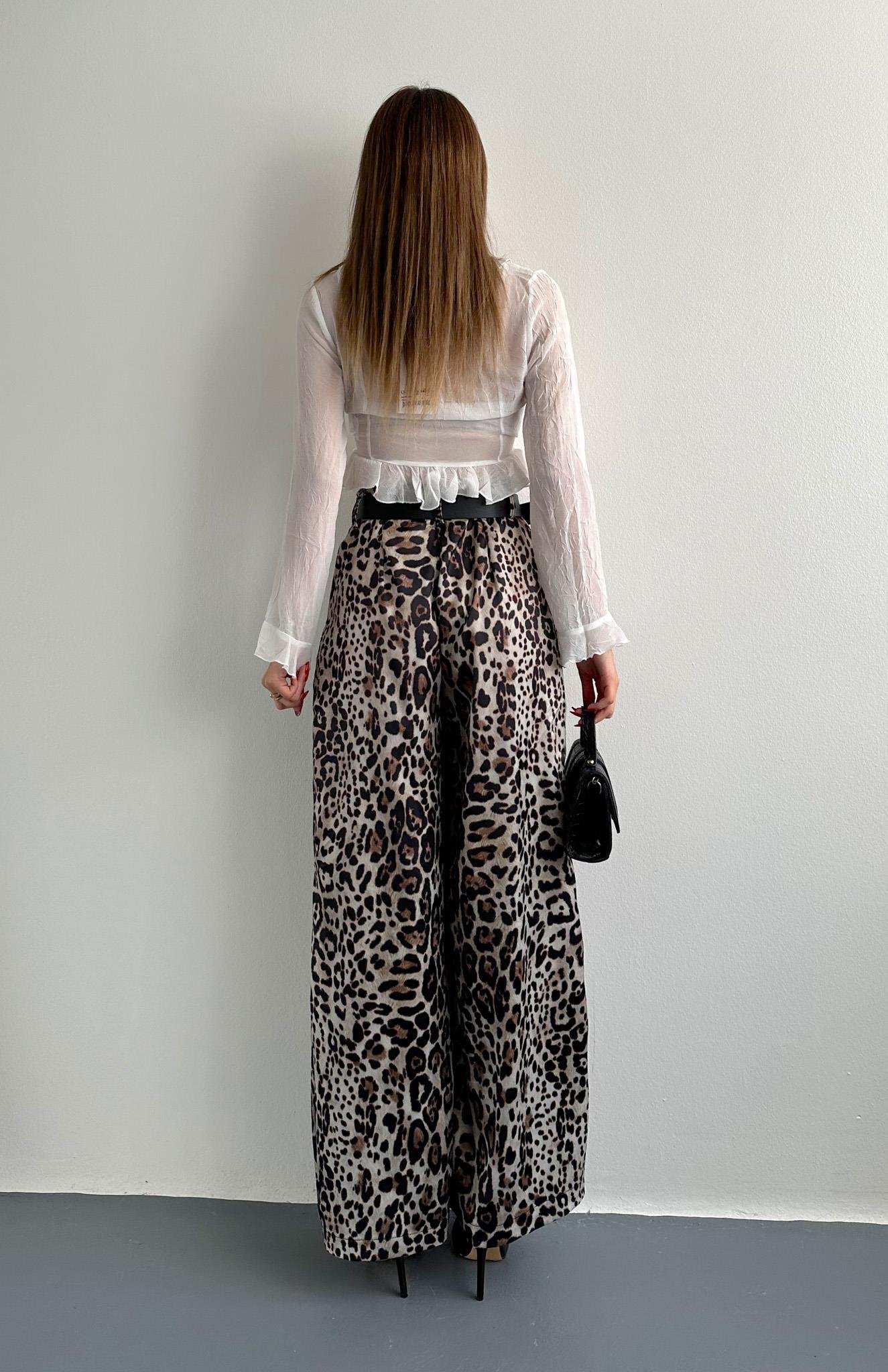 Leopar Desen Saten Pantolon BEJ