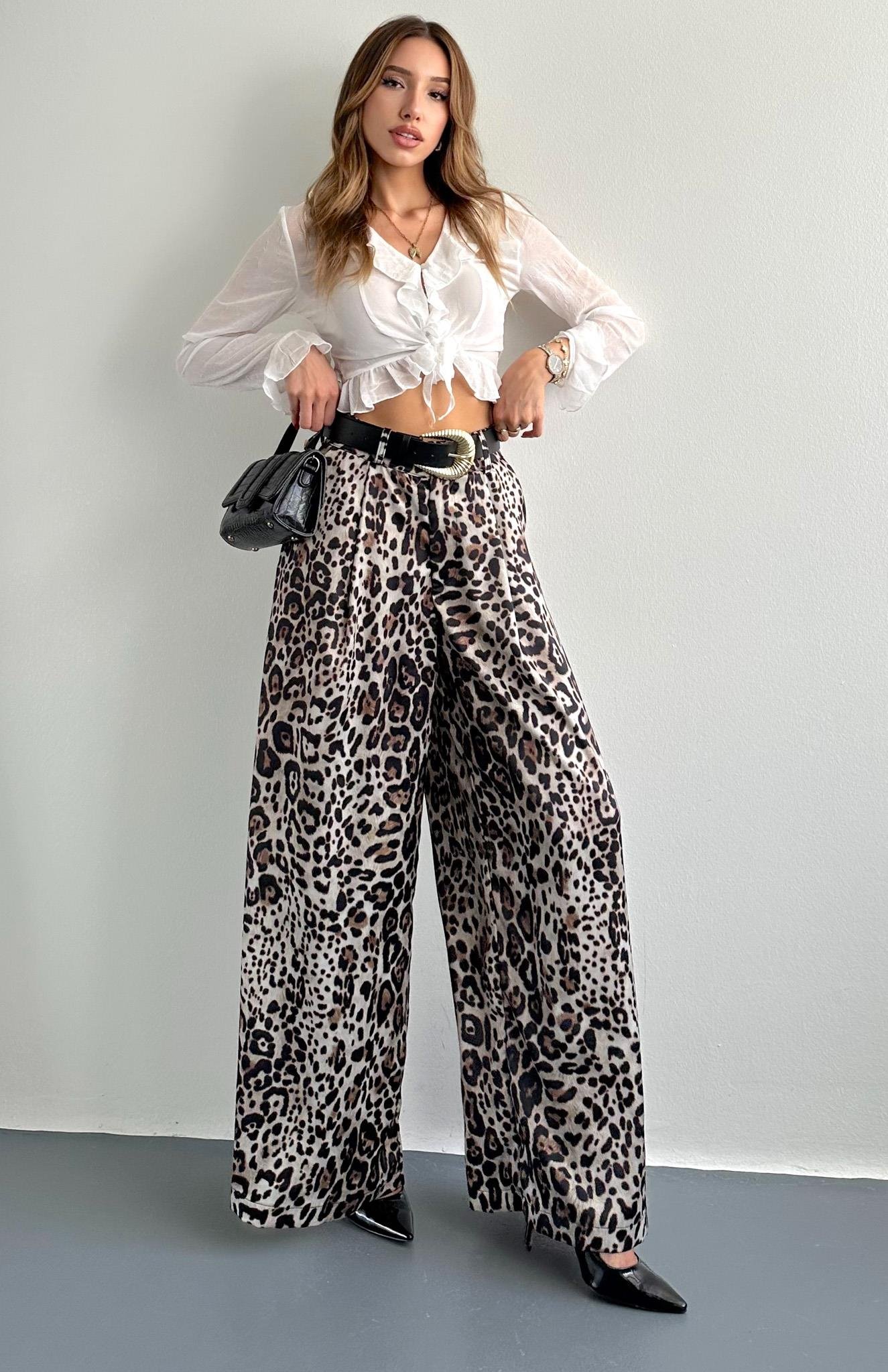 Leopar Desen Saten Pantolon BEJ