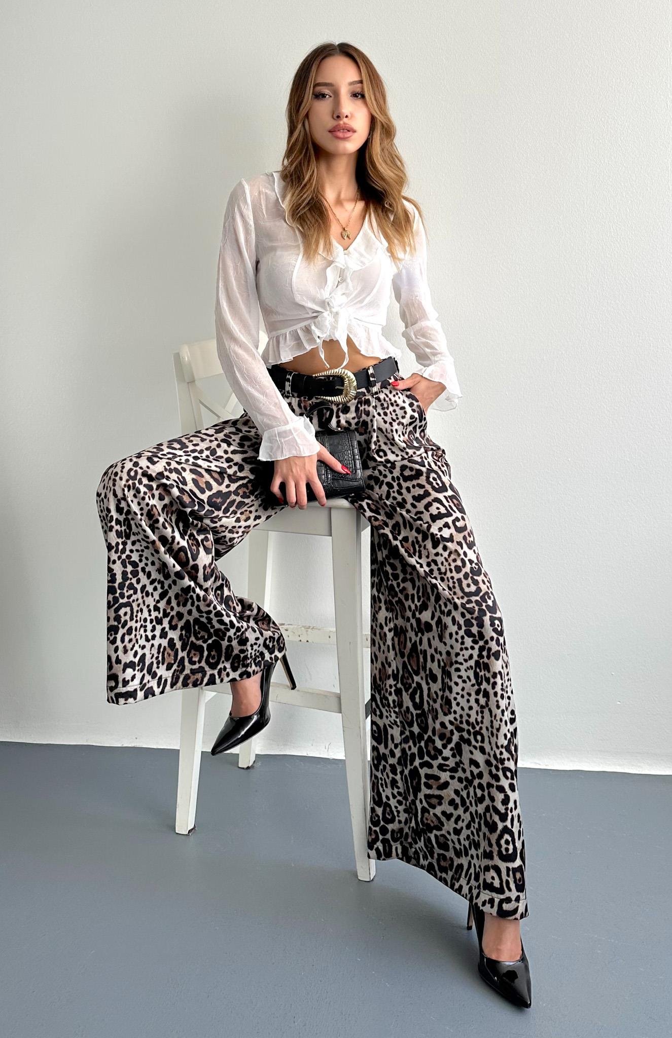 Leopar Desen Saten Pantolon BEJ