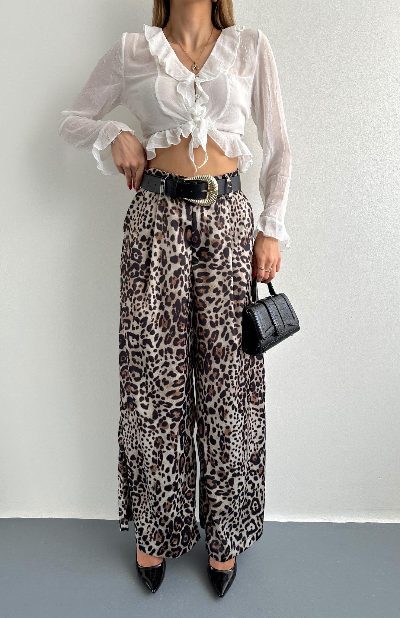 Leopar Desen Saten Pantolon BEJ