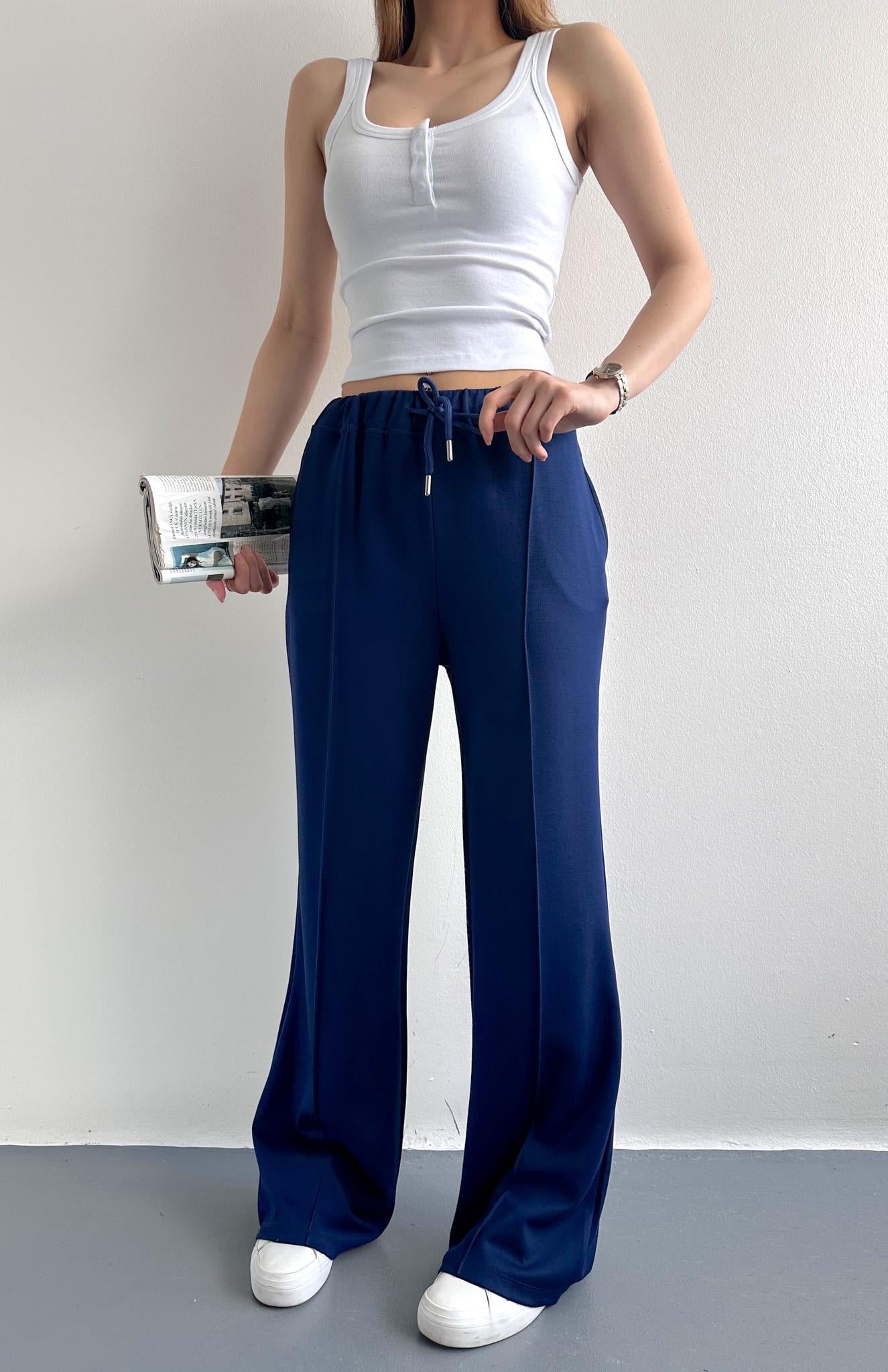 Önü Çimalı Bol Paça Pantolon LACİVERT