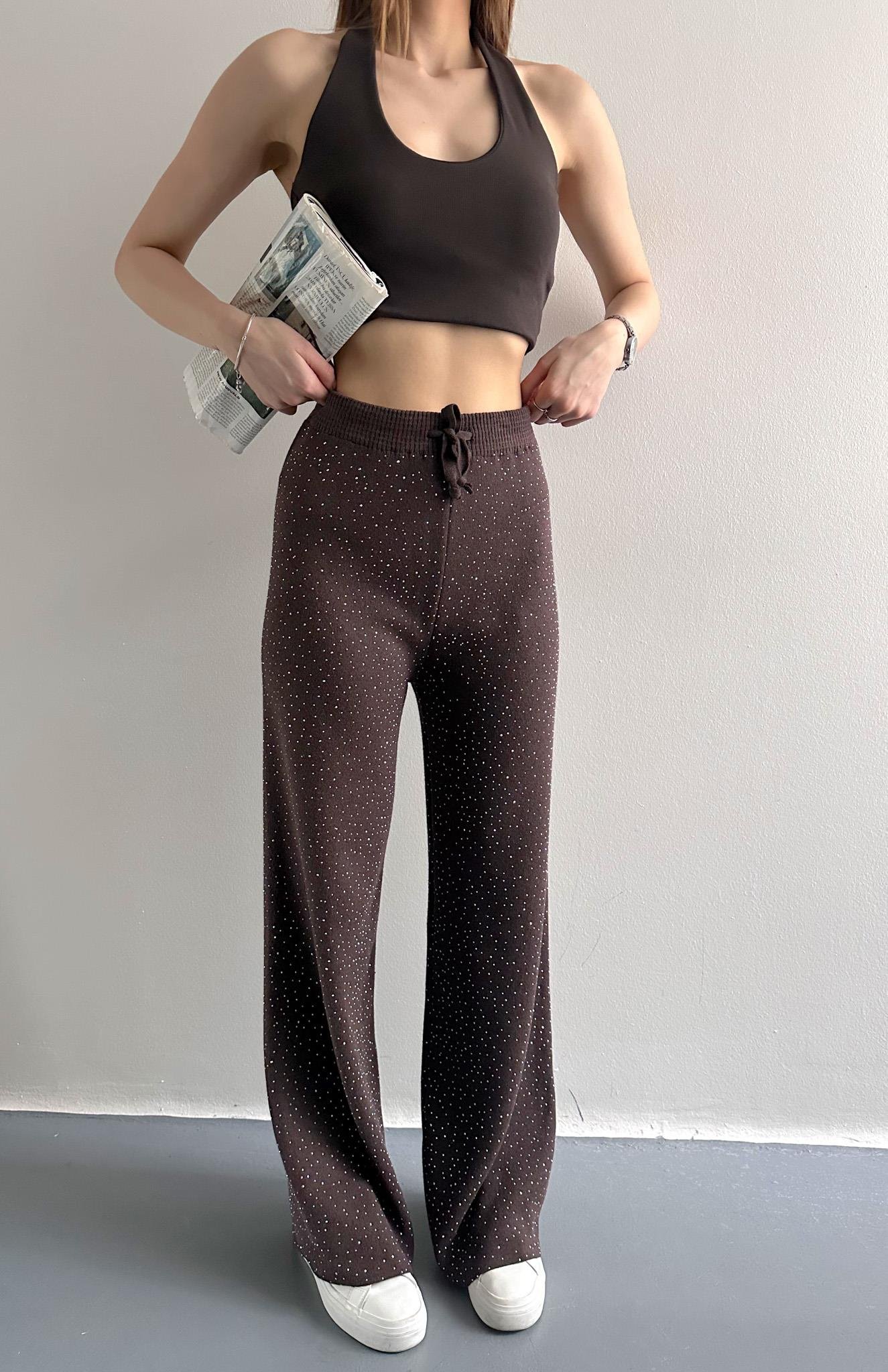 Parlak Taşlı Triko Pantolon KAHVERENGİ