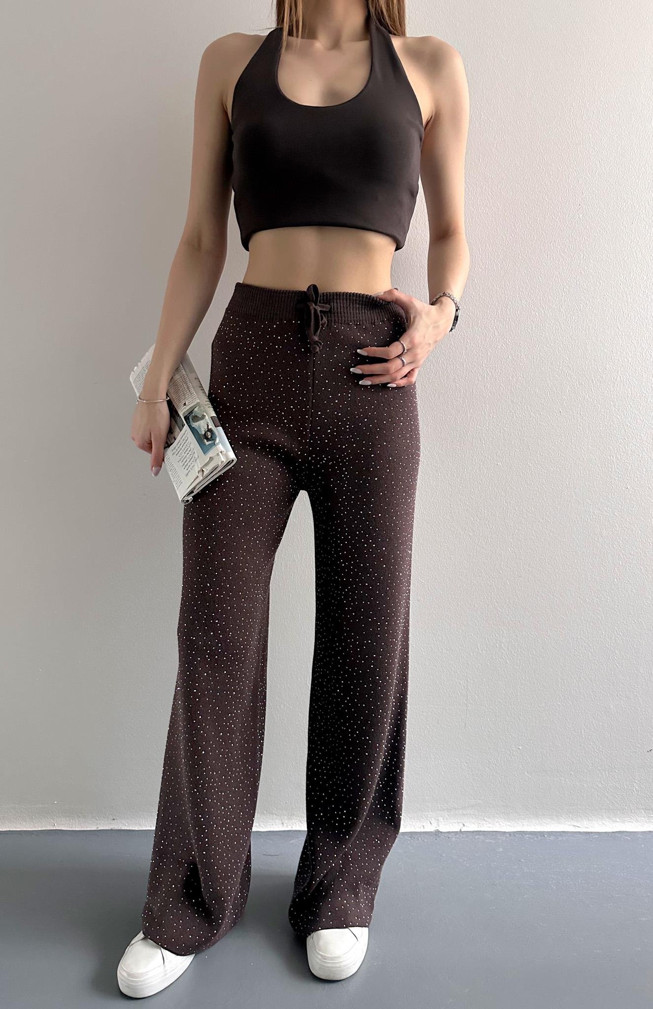 Parlak Taşlı Triko Pantolon KAHVERENGİ