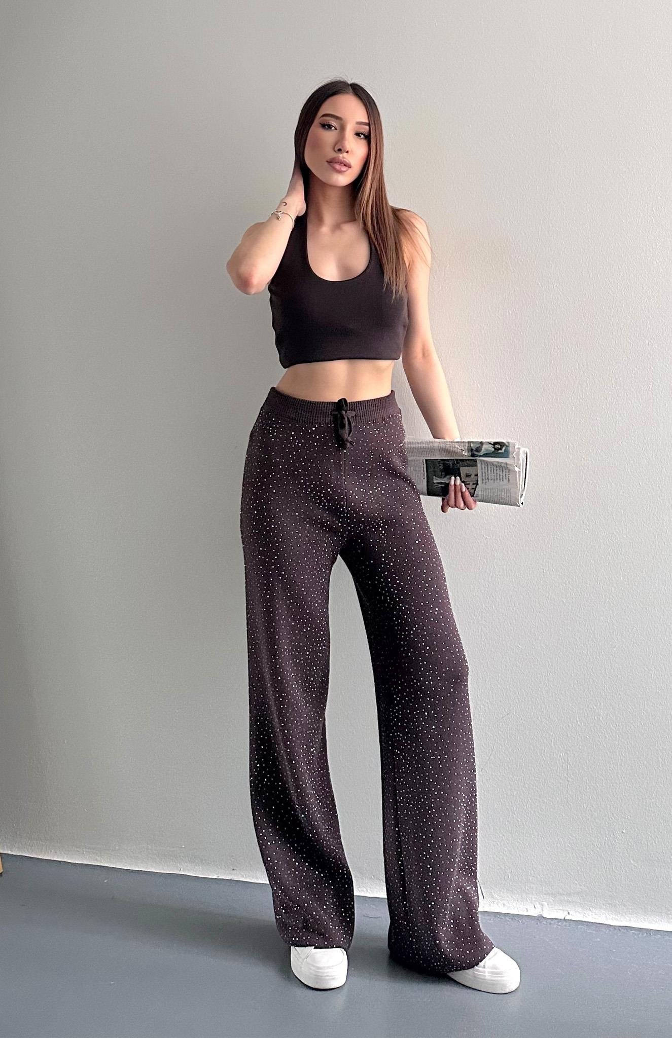Parlak Taşlı Triko Pantolon KAHVERENGİ