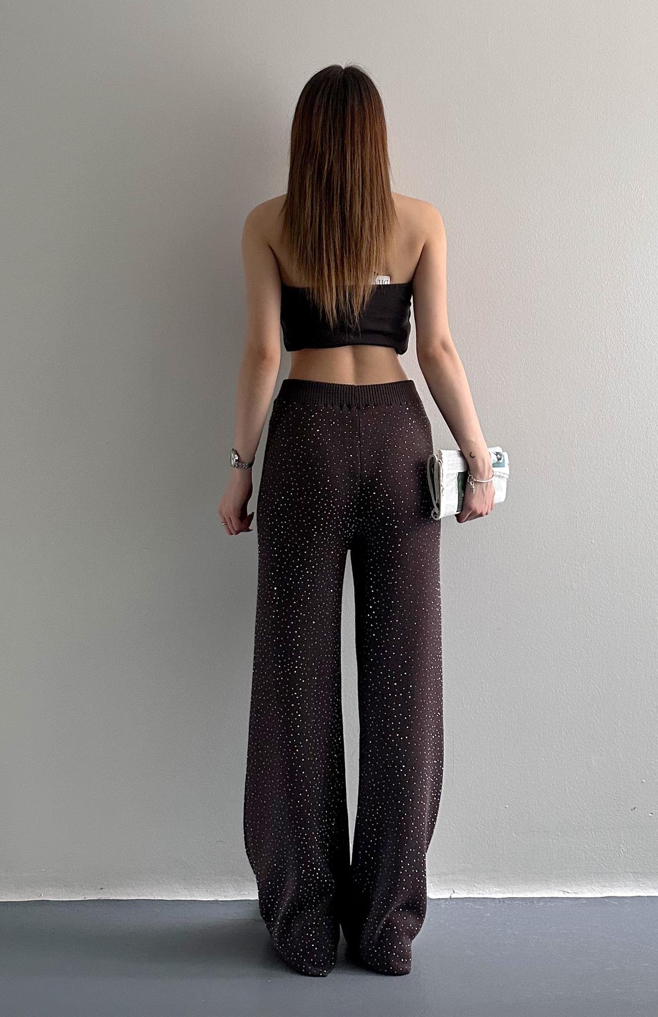 Parlak Taşlı Triko Pantolon KAHVERENGİ