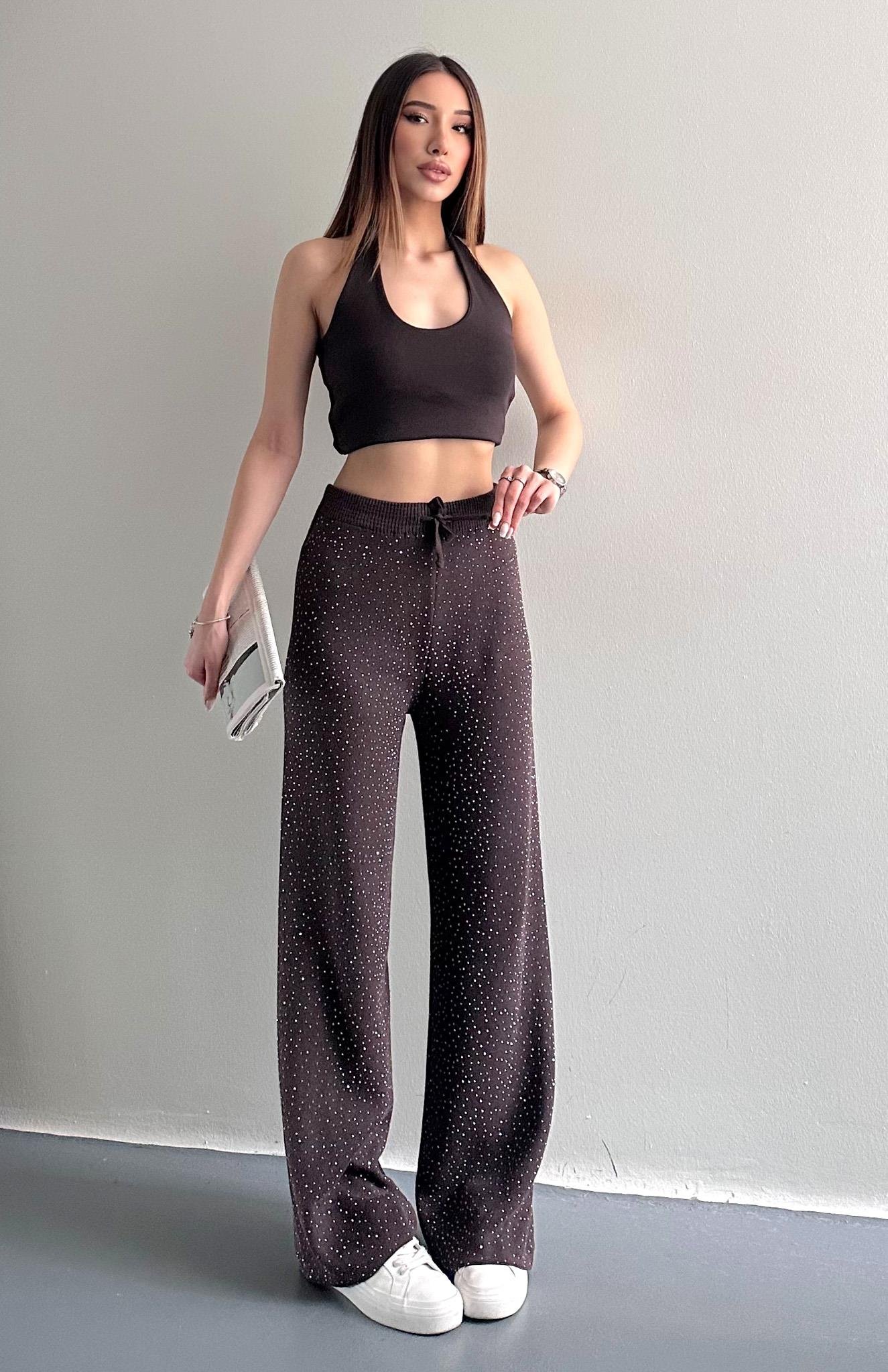 Parlak Taşlı Triko Pantolon KAHVERENGİ