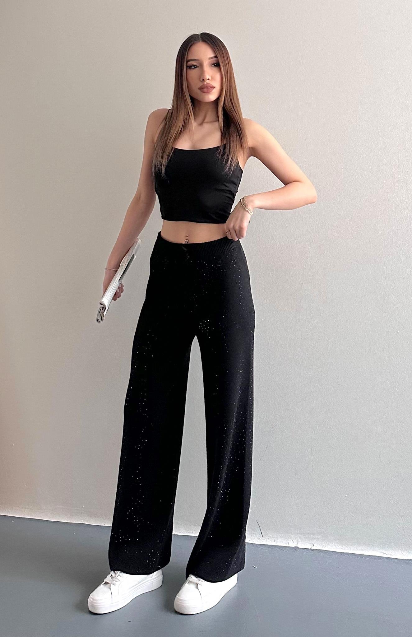 Parlak Taşlı Triko Pantolon SİYAH
