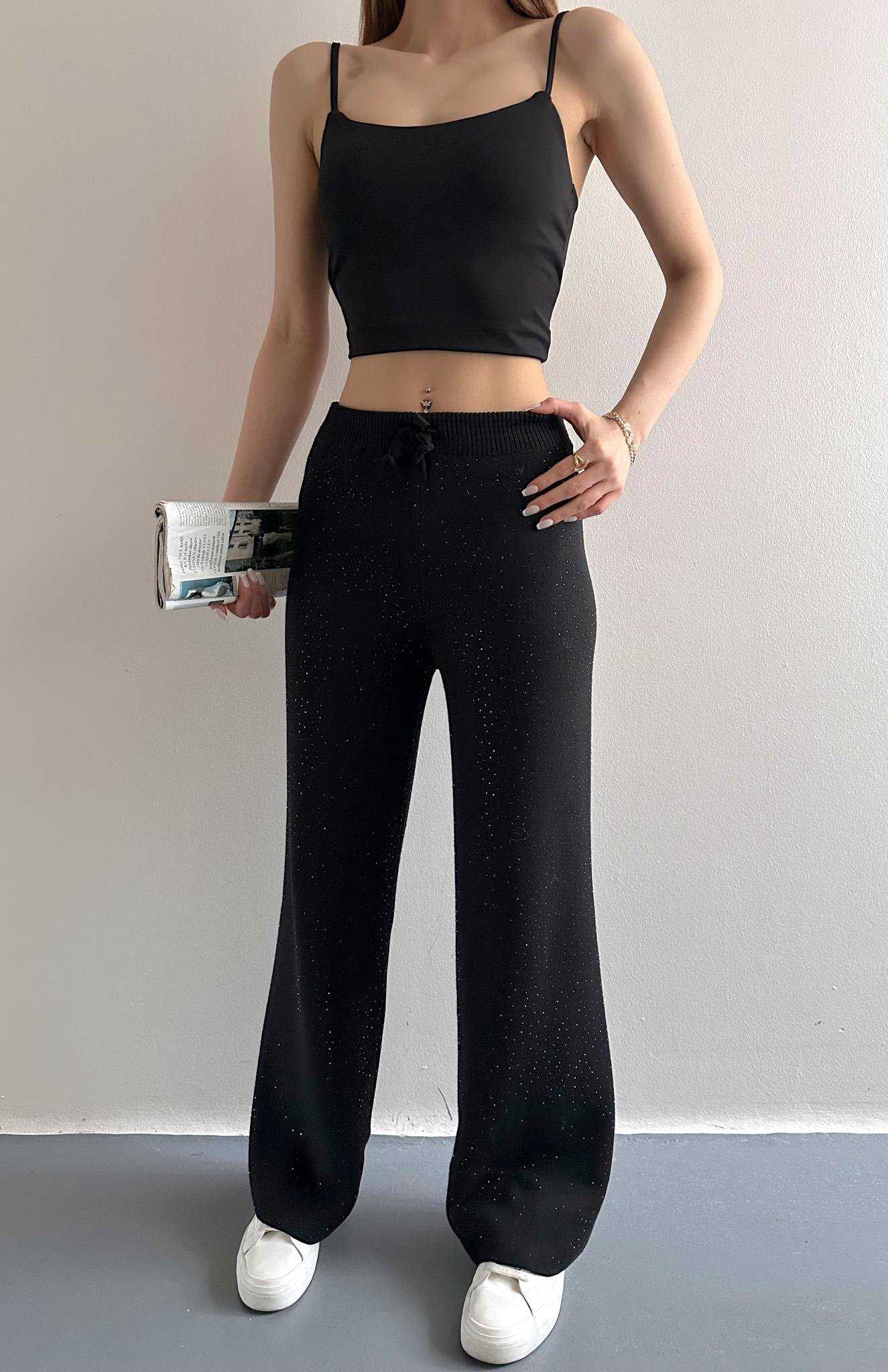 Parlak Taşlı Triko Pantolon SİYAH
