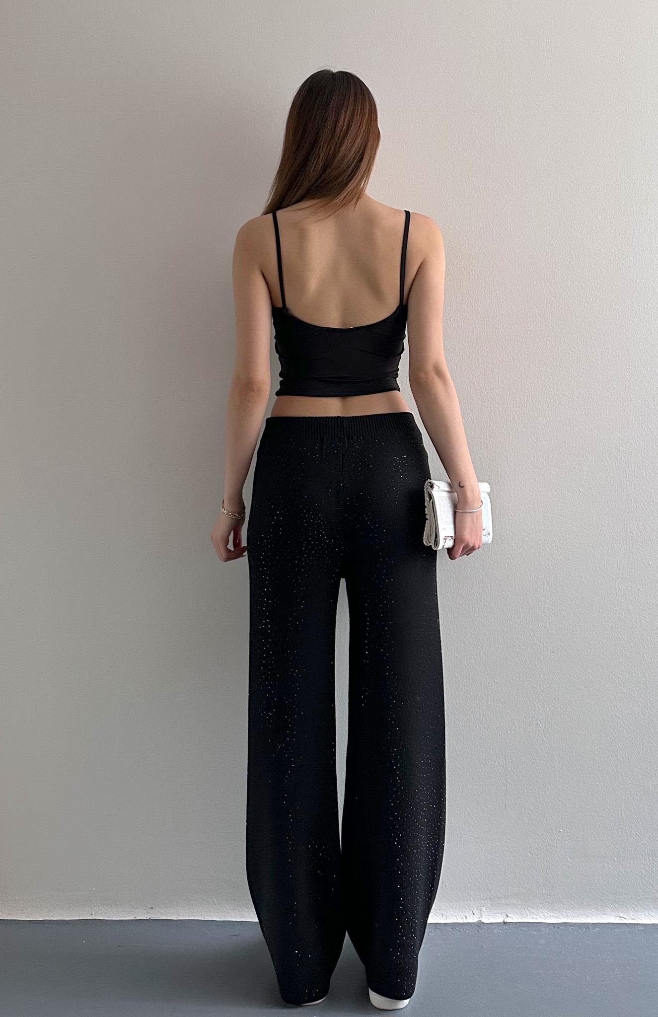 Parlak Taşlı Triko Pantolon SİYAH