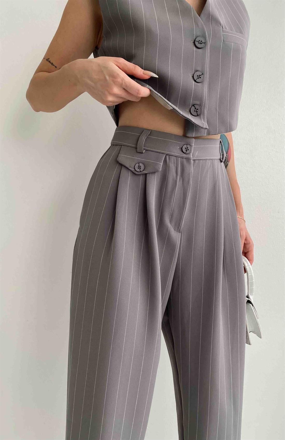 Pile Detaylı Pantolon GRİ
