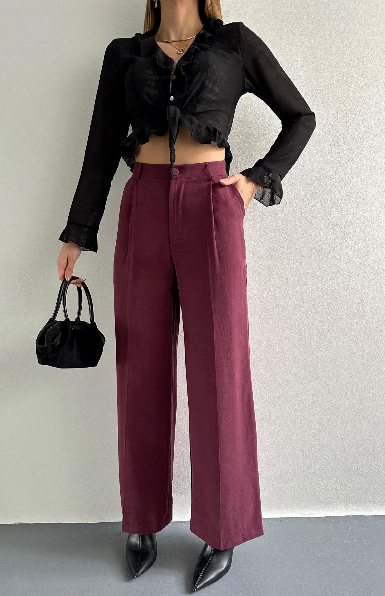 Pileli Bol Paça Pantolon BORDO