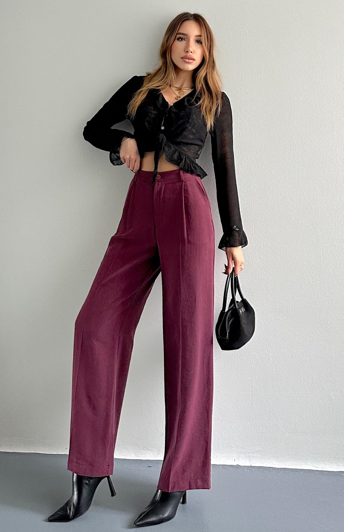 Pileli Bol Paça Pantolon BORDO