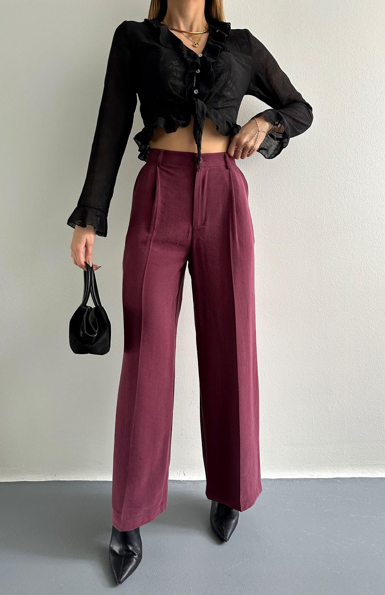 Pileli Bol Paça Pantolon BORDO