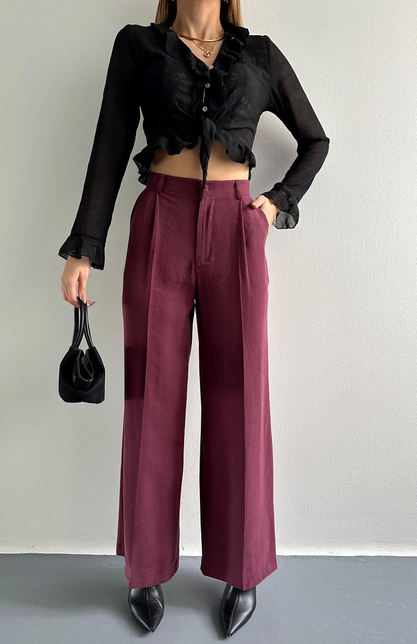 Pileli Bol Paça Pantolon BORDO