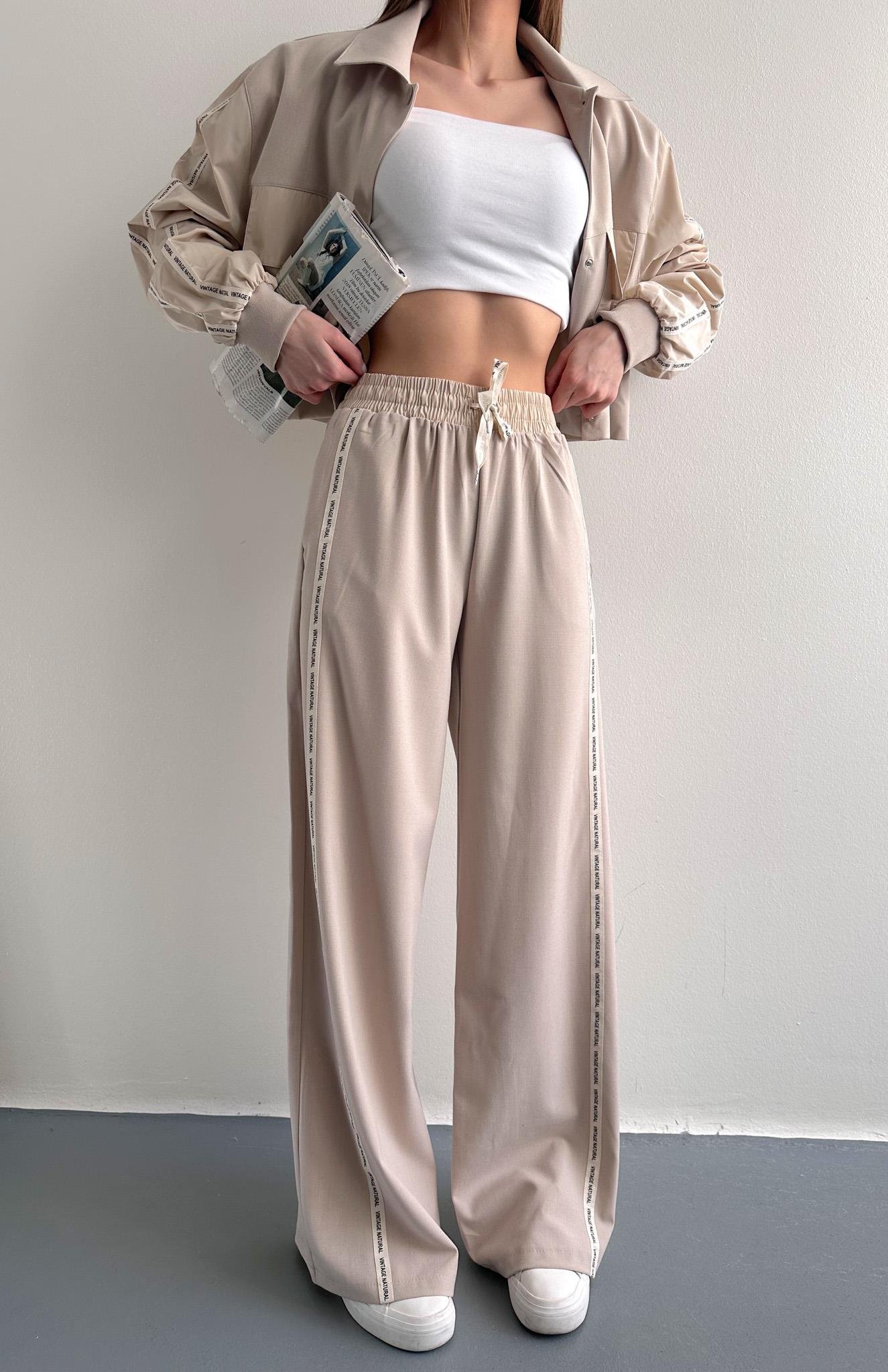 Şerit Detaylı Pantolon BEJ